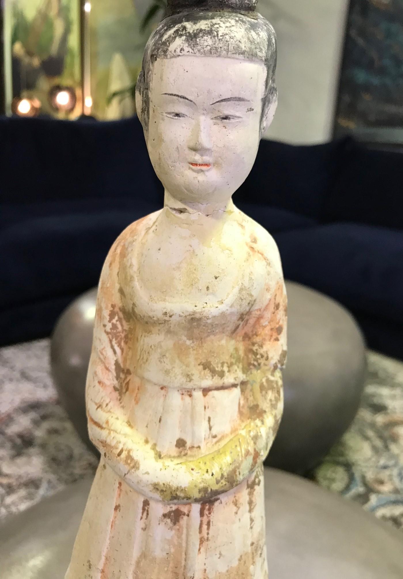 18th Century and Earlier Chinese Pottery Ceramic Glazed Mud Figure of Court Lady Tang Dynasty with Stand For Sale