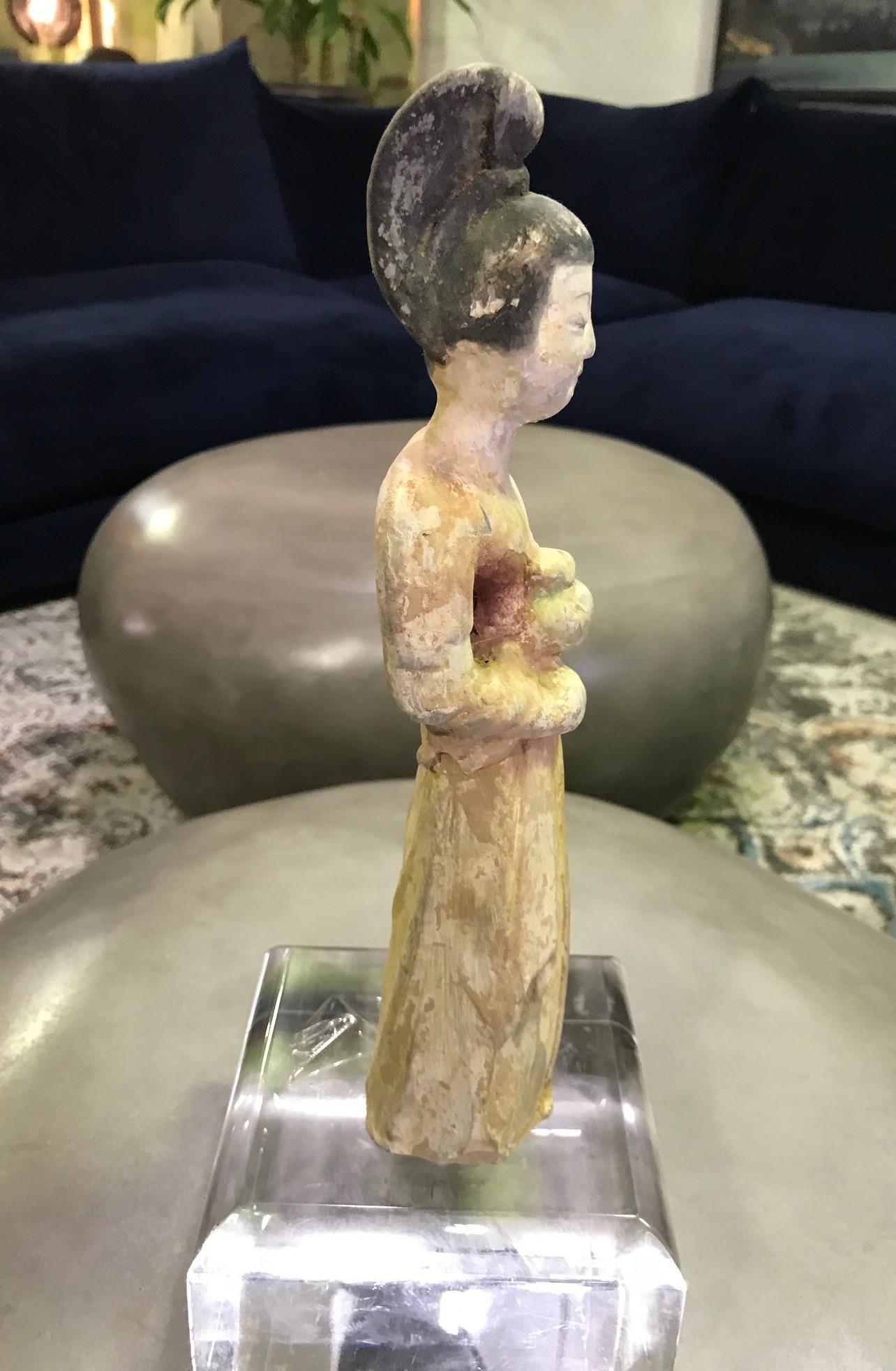 Chinese Pottery Ceramic Glazed Mud Figure of Court Lady Tang Dynasty with Stand For Sale 4