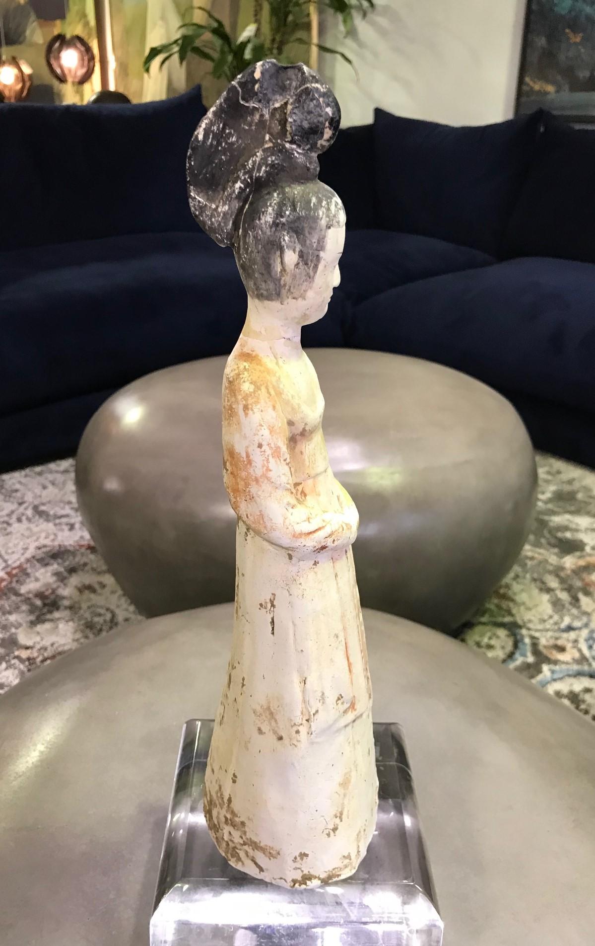 Chinese Pottery Ceramic Glazed Mud Figure of Court Lady Tang Dynasty with Stand For Sale 3