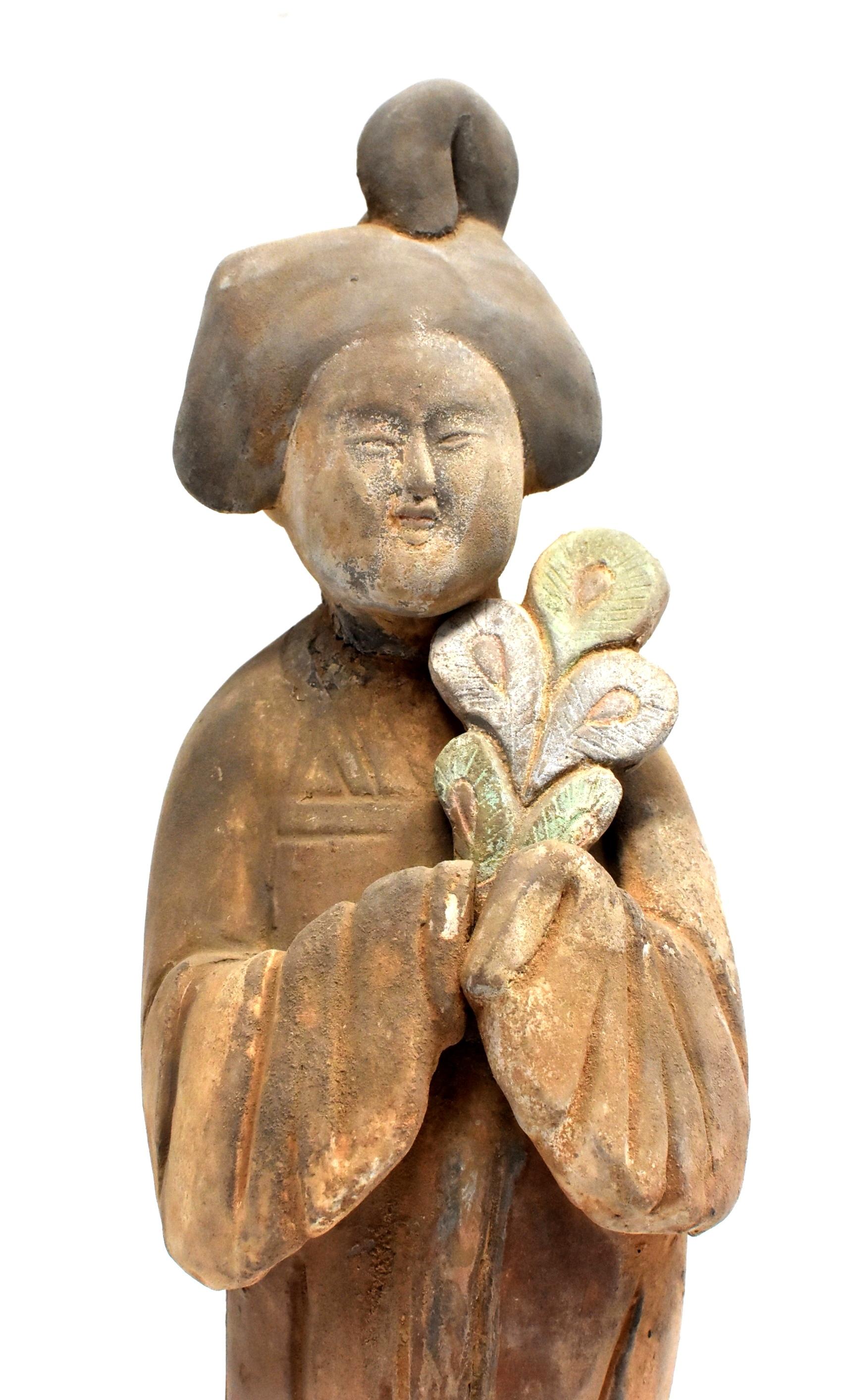 Hand-Painted Chinese Terracotta Court Lady with Peacock Feather, Tang Style