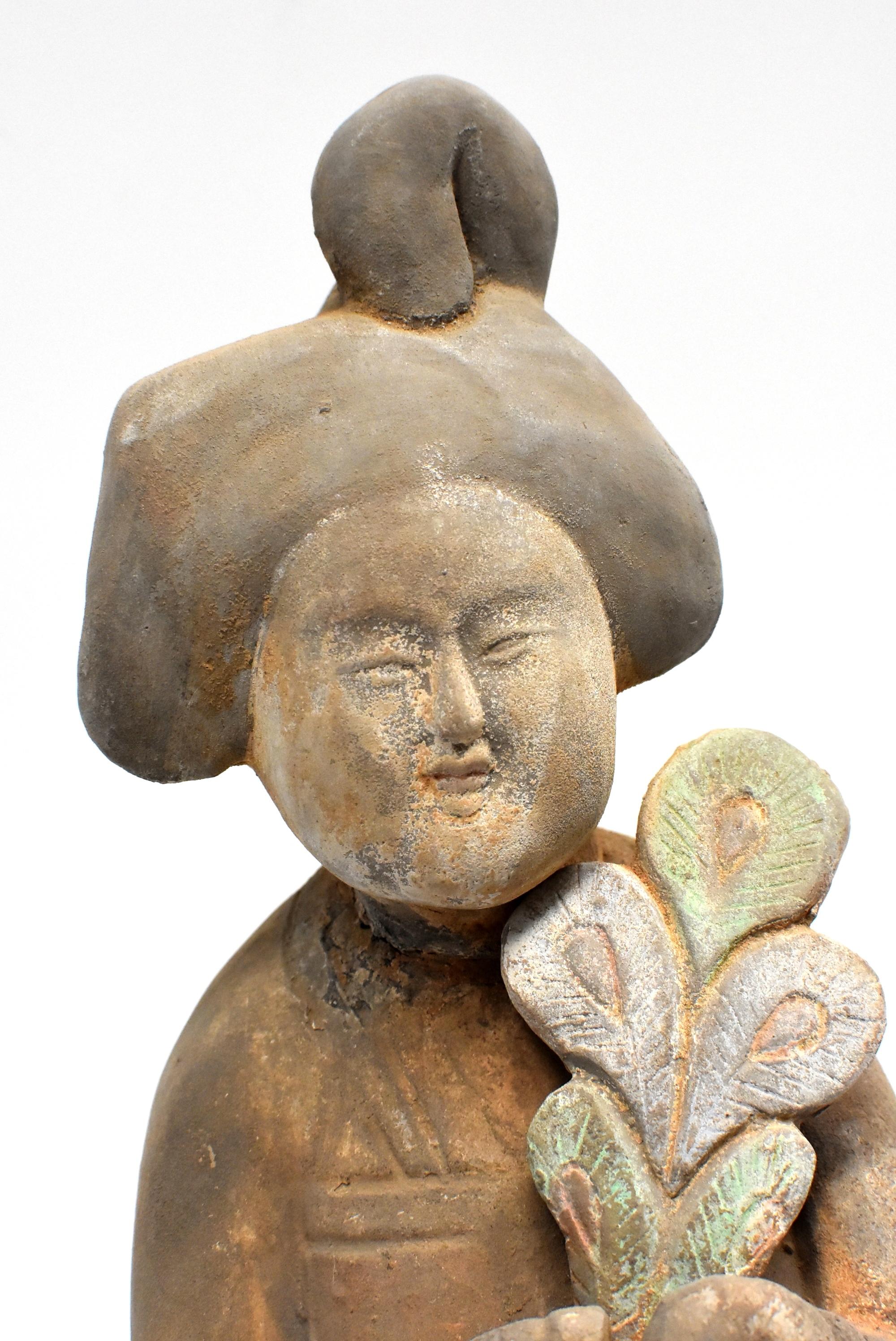 Chinese Terracotta Court Lady with Peacock Feather, Tang Style In Good Condition In Somis, CA