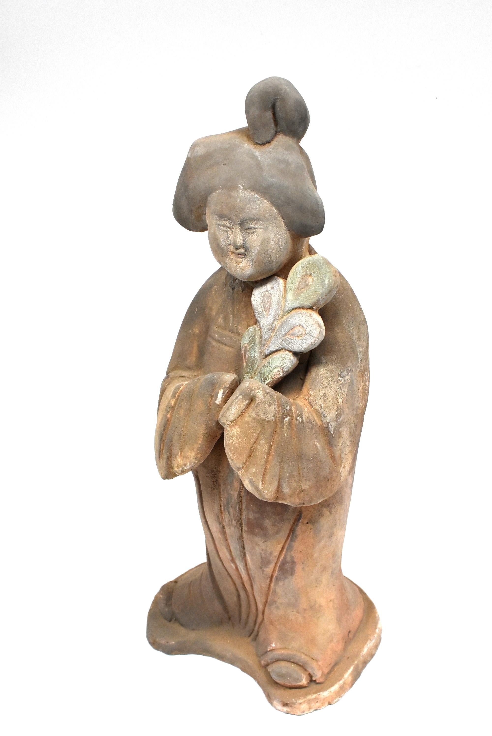 Chinese Terracotta Court Lady with Peacock Feather, Tang Style 1