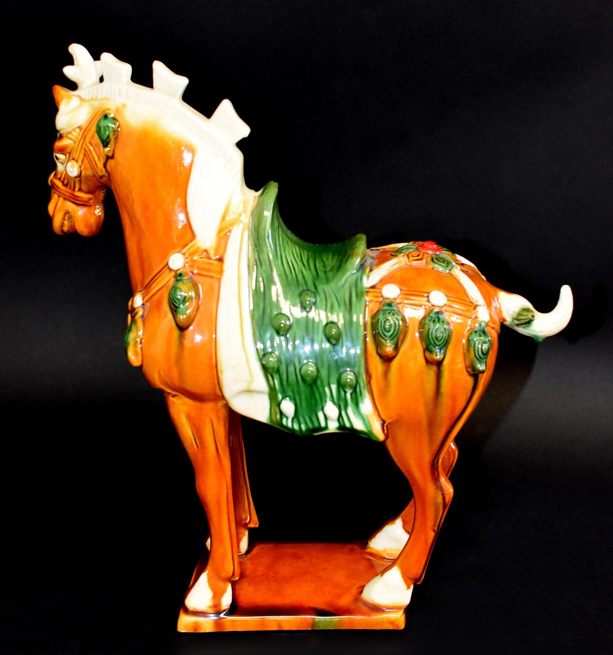 Chinese Pottery Horse Sancai Glazed with Green Saddle In New Condition In Somis, CA