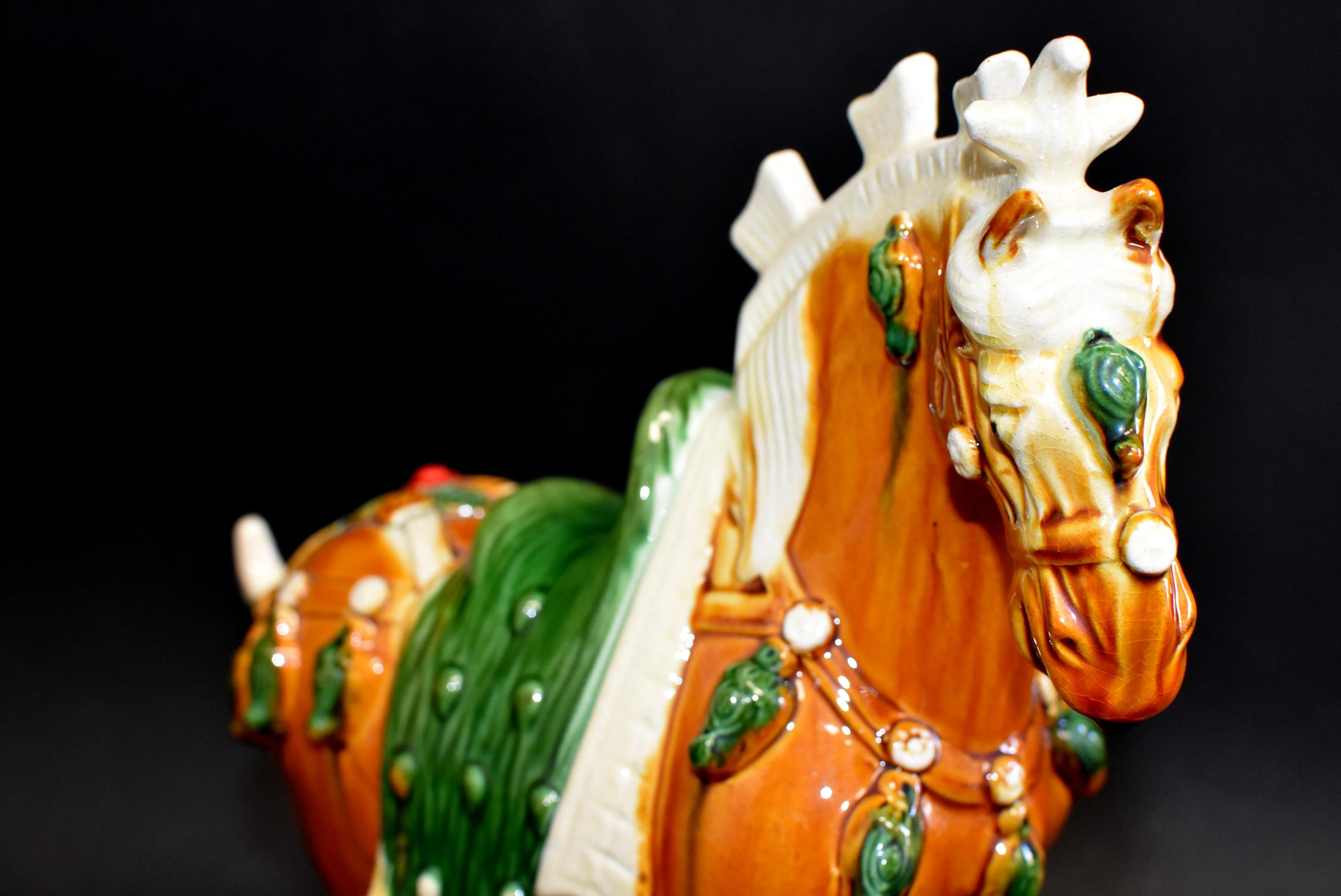 Contemporary Chinese Pottery Horse Sancai Glazed with Green Saddle