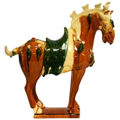 Chinese Pottery Horse Sancai Glazed with Green Saddle