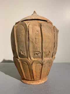 Chinese Pottery Lotus Jar with Zodiac Figures, Five Dynasties, 10th Century