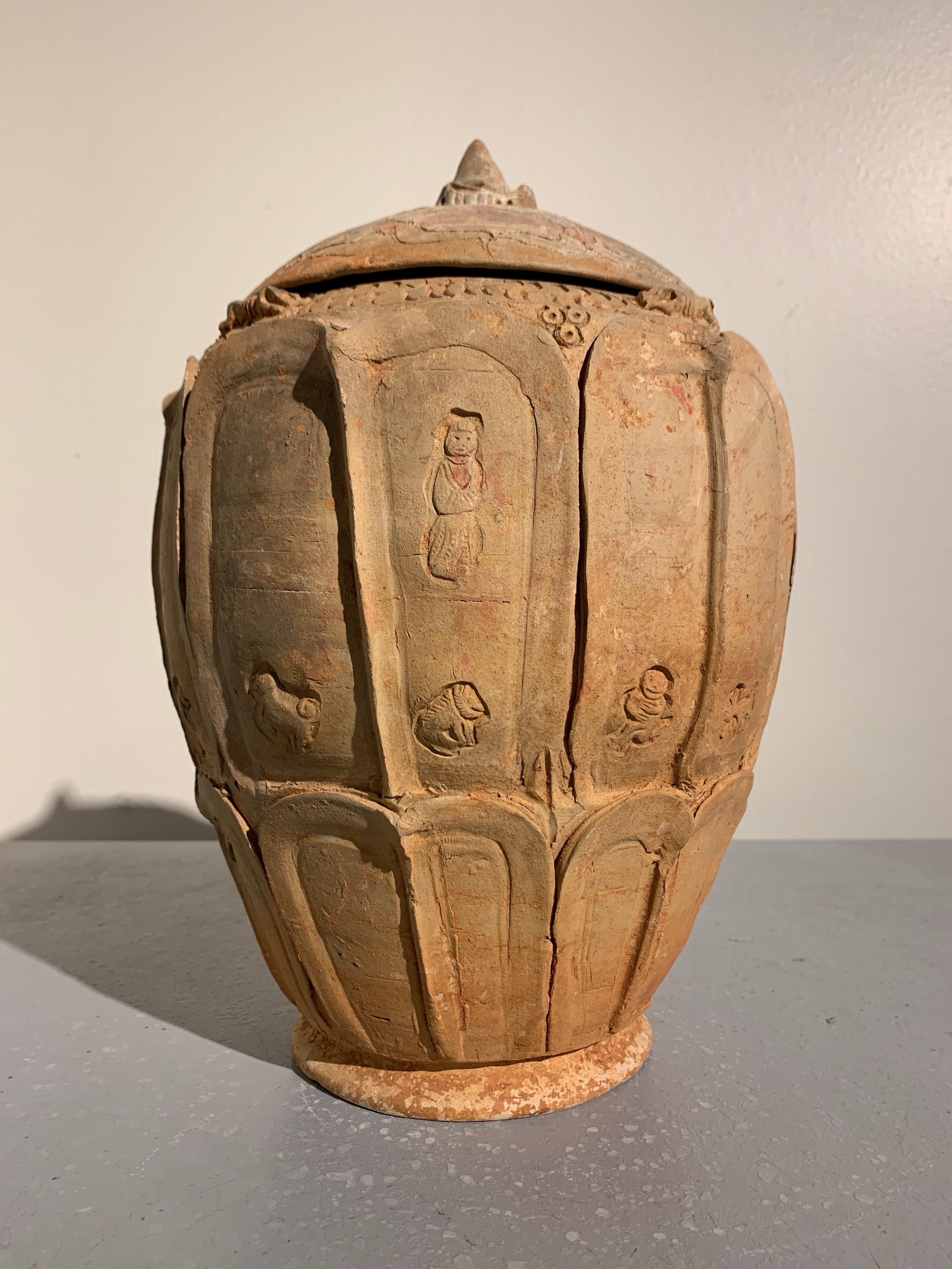 Tang Chinese Pottery Lotus Jar with Zodiac Figures, Five Dynasties, 10th Century