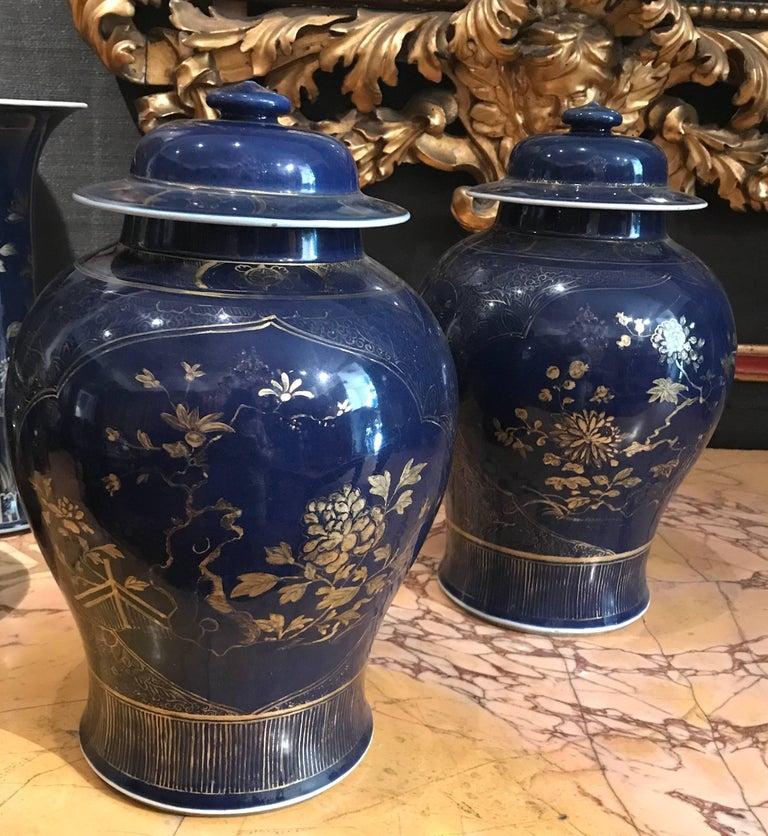 Pair of Chinese 18' century powder-blue gilt-decorated jars.
Each gold painted with a composite floral patterns.
Measure: Height 43 cm.