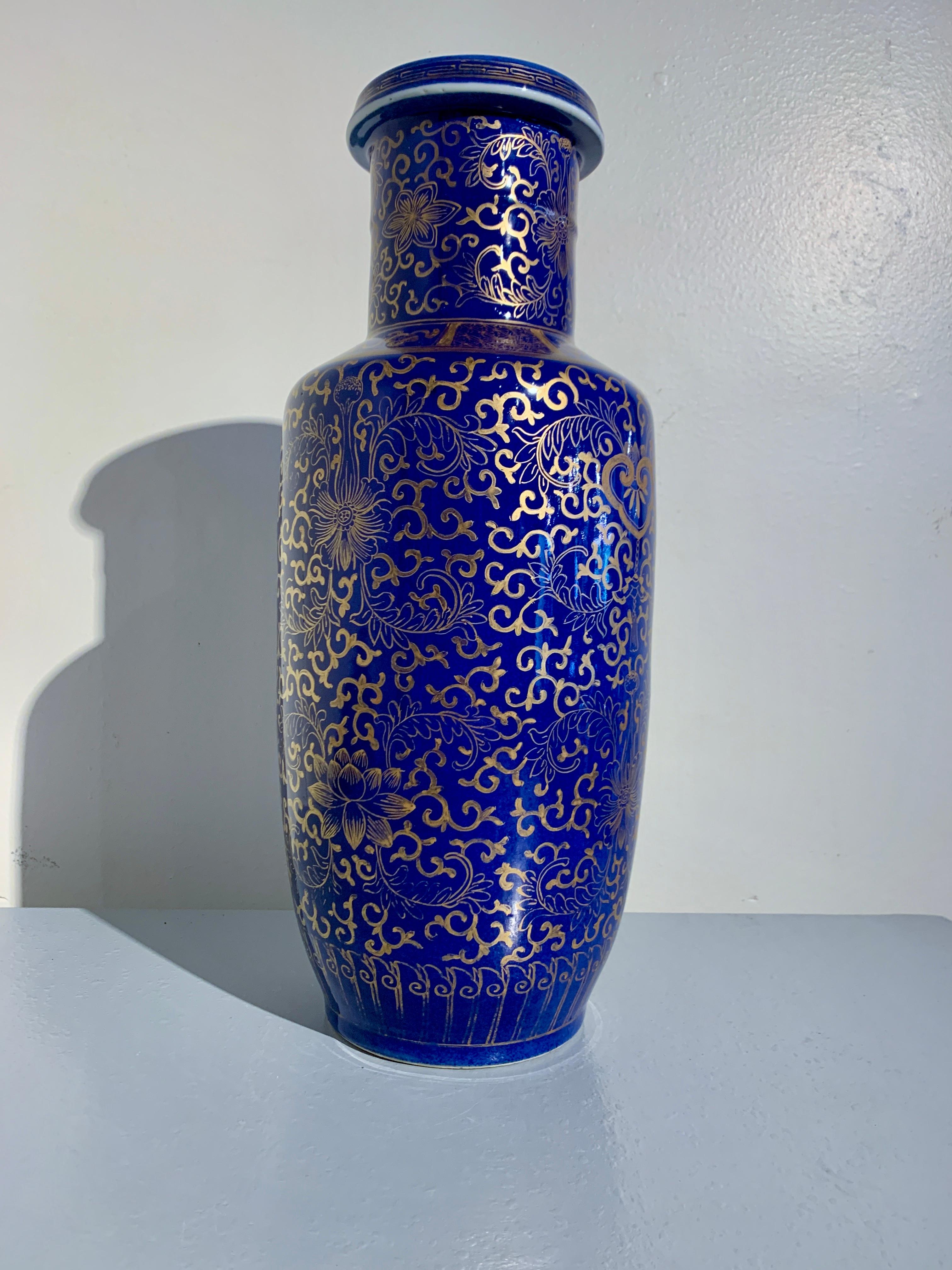 Porcelain Chinese Powder Blue Gilt Decorated Rouleau Vase, Qing Dynasty, c. 1900, China For Sale