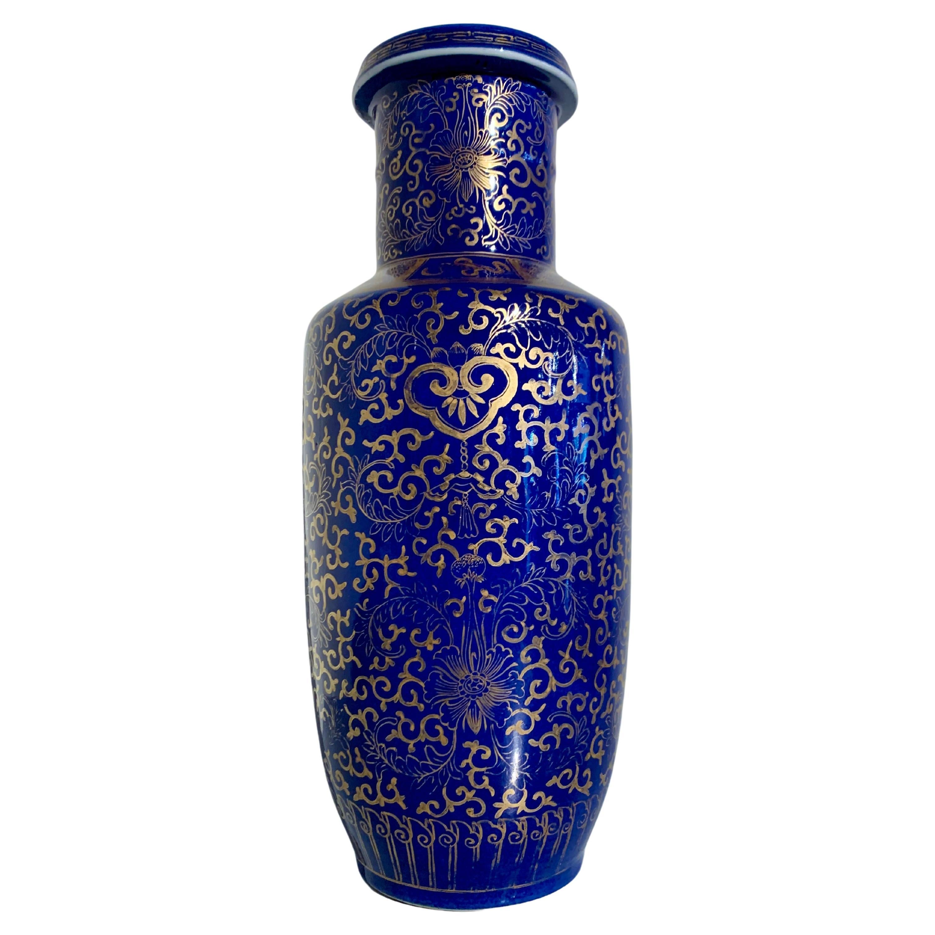 Chinese Powder Blue Gilt Decorated Rouleau Vase, Qing Dynasty, c. 1900, China