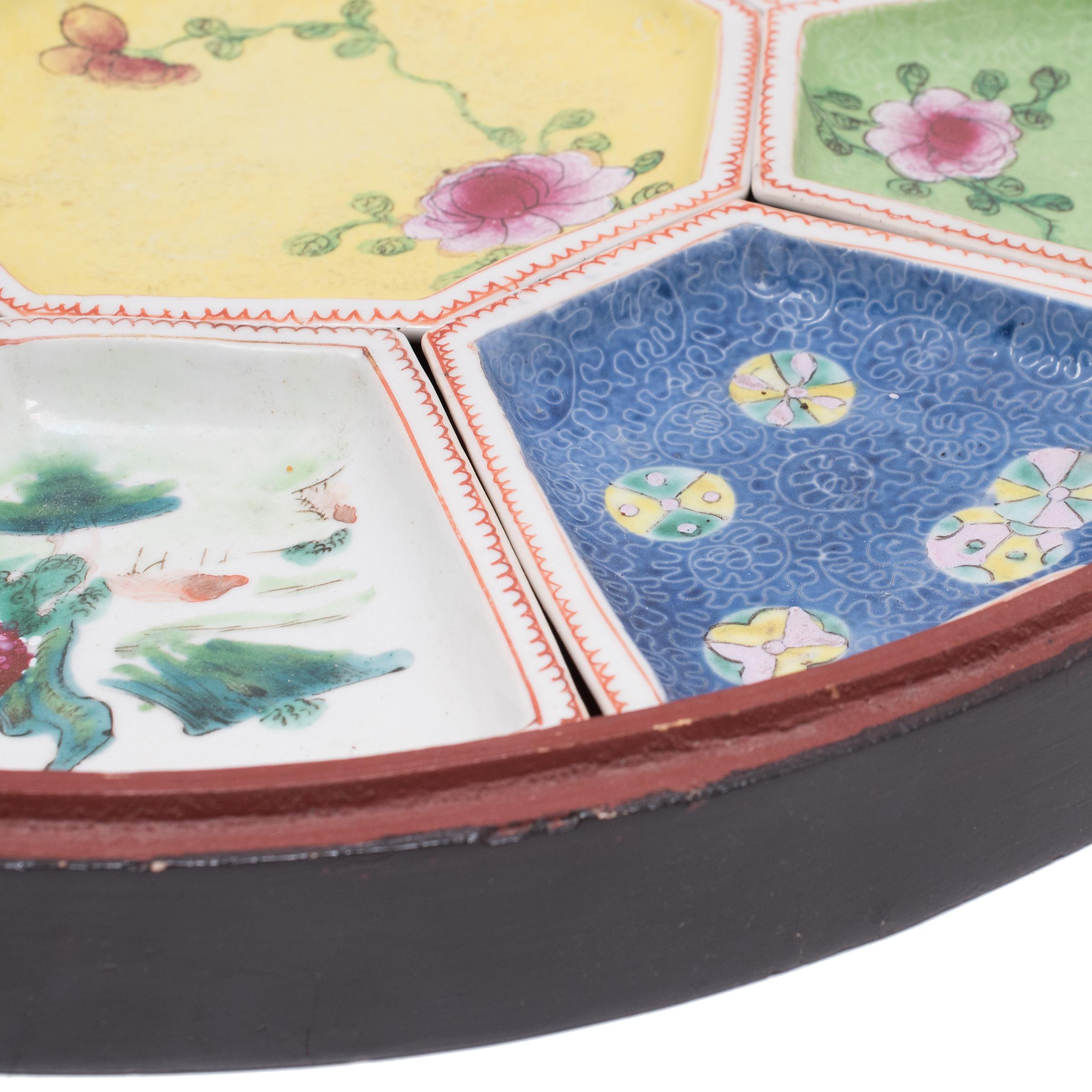 Enameled Chinese Presentation Box with Porcelain Trays, c. 1920