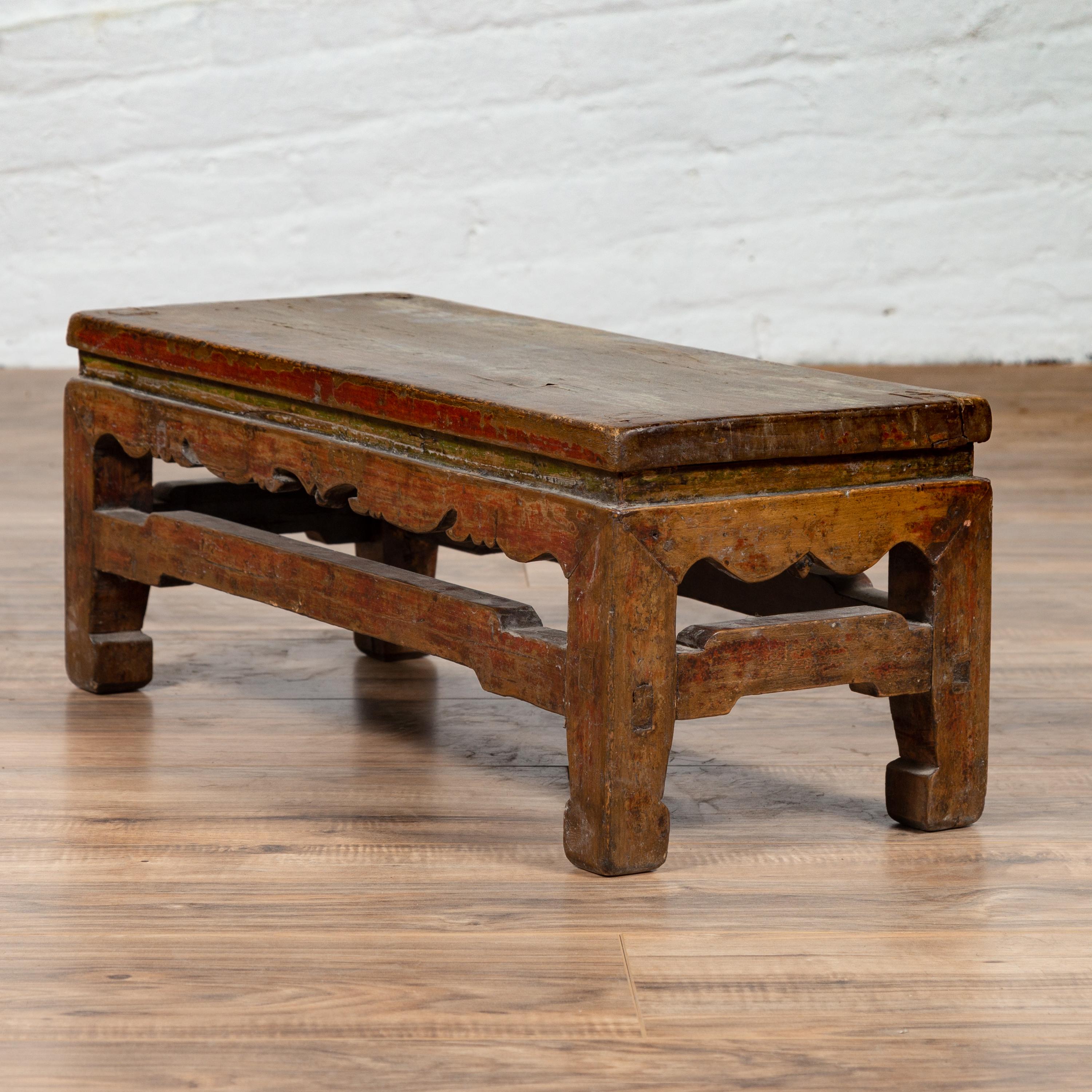 Wood Chinese Primitive Low Prayer Table with Multi-color Underglaze Design circa 1800