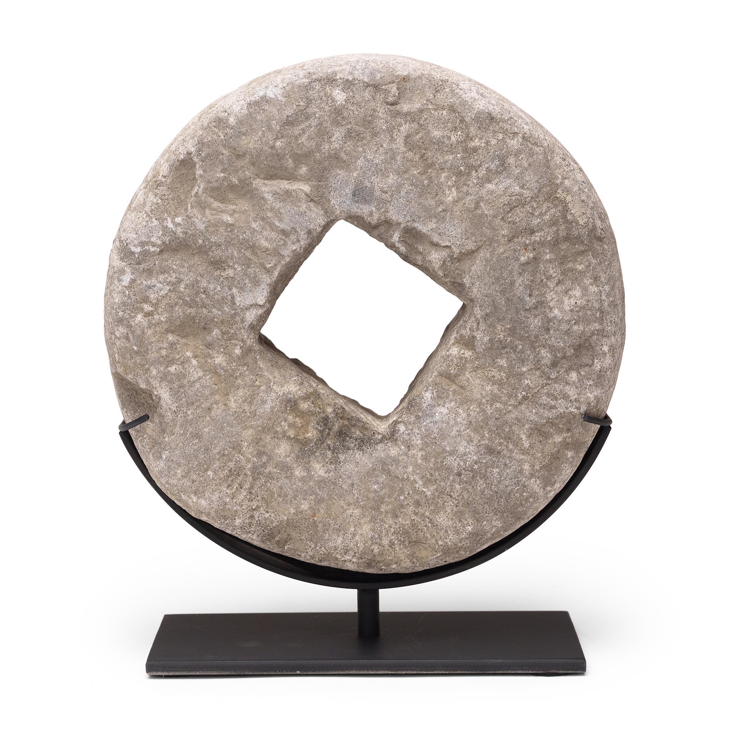 Minimalist Chinese Prosperity Stone Disc, c. 1900 For Sale