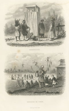 Chinese Puppet Show and Rope Dancers, Antique Steel Engraving, 1859
