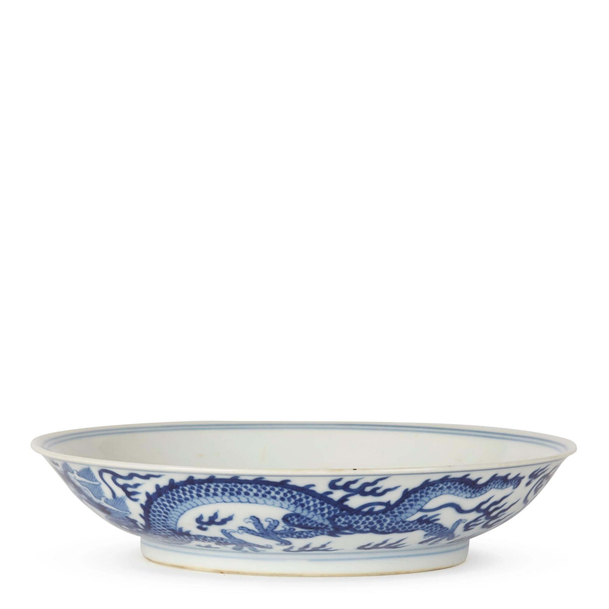 Glazed Chinese Qianlong Blue and White Dragon Dish, 1735-1796