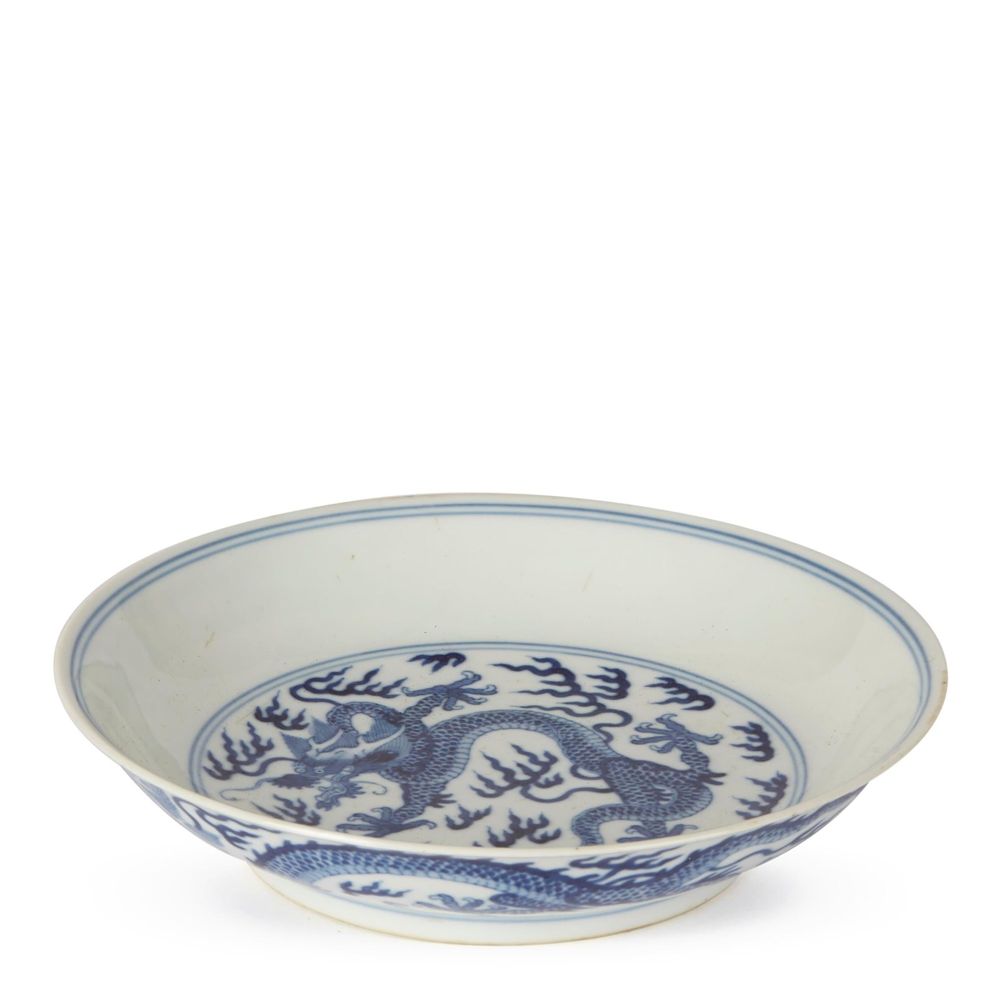 18th Century Chinese Qianlong Blue and White Dragon Dish, 1735-1796