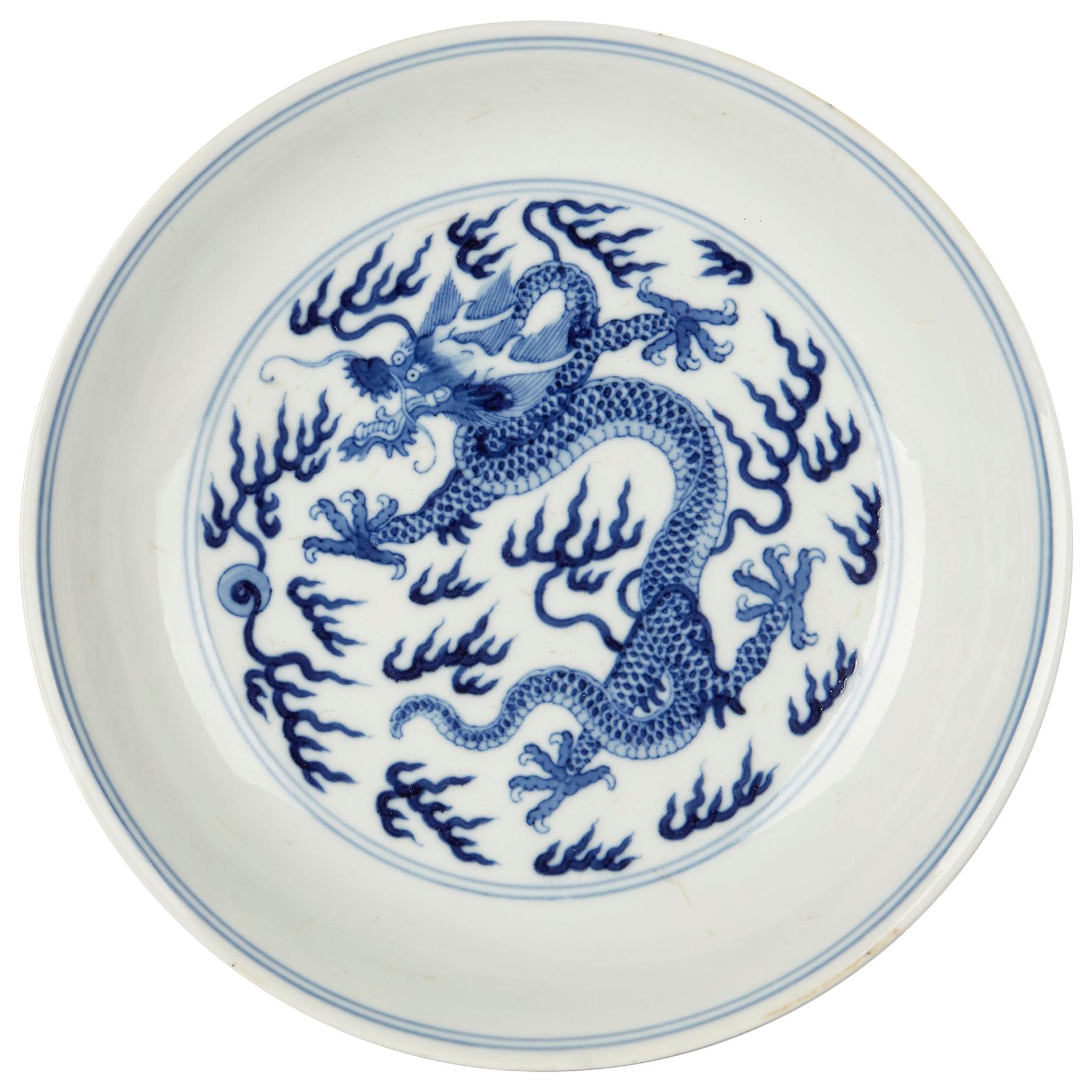 Chinese Qianlong Blue and White Dragon Dish, 1735-1796