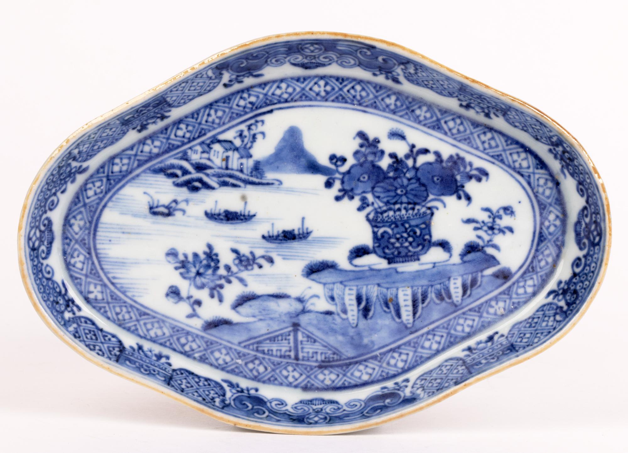 Glazed Chinese Qianlong Blue & White Water Landscape Porcelain Serving Dish
