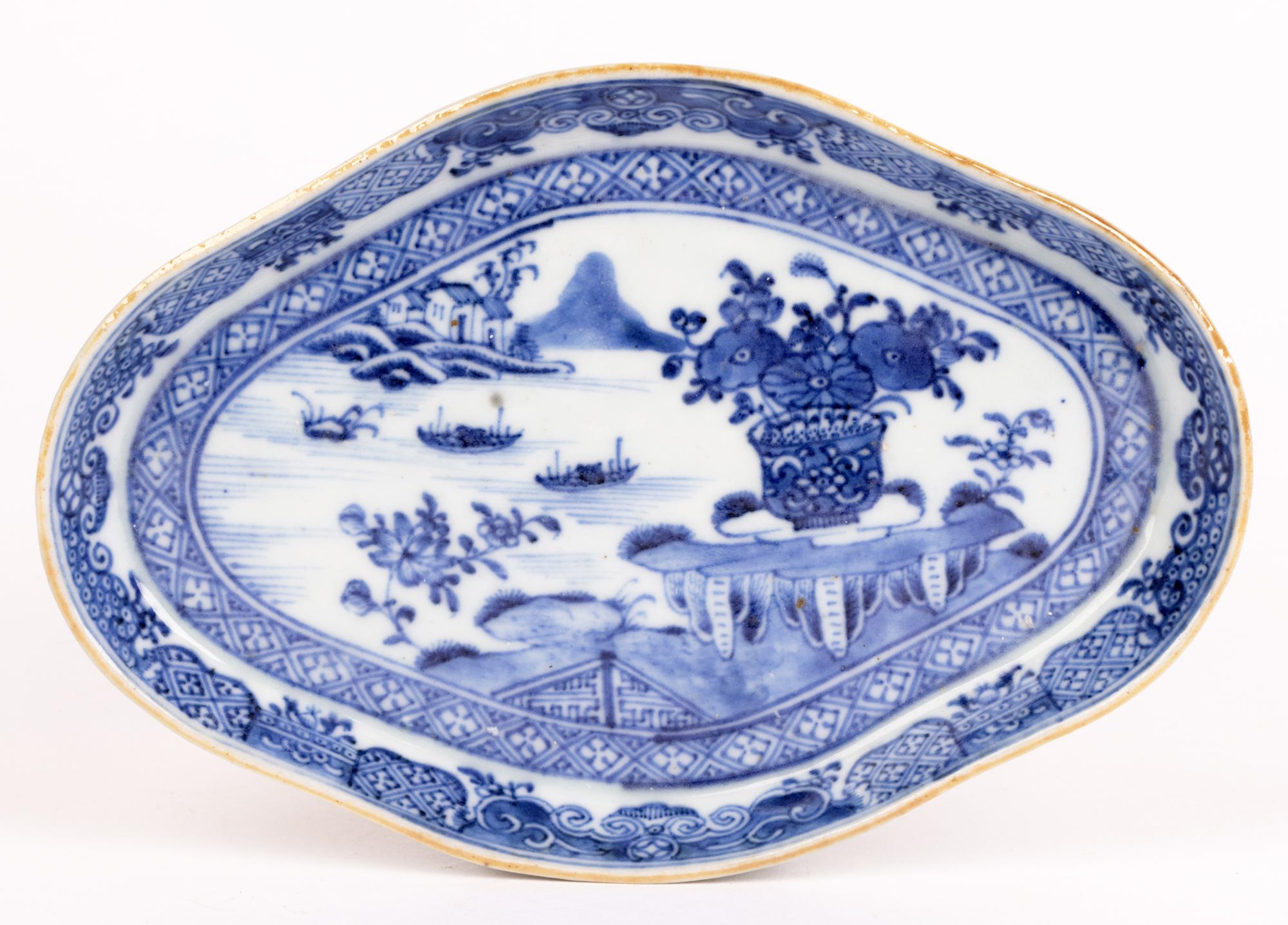 Chinese Qianlong Blue & White Water Landscape Porcelain Serving Dish 1