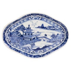 Chinese Qianlong Blue & White Water Landscape Porcelain Serving Dish