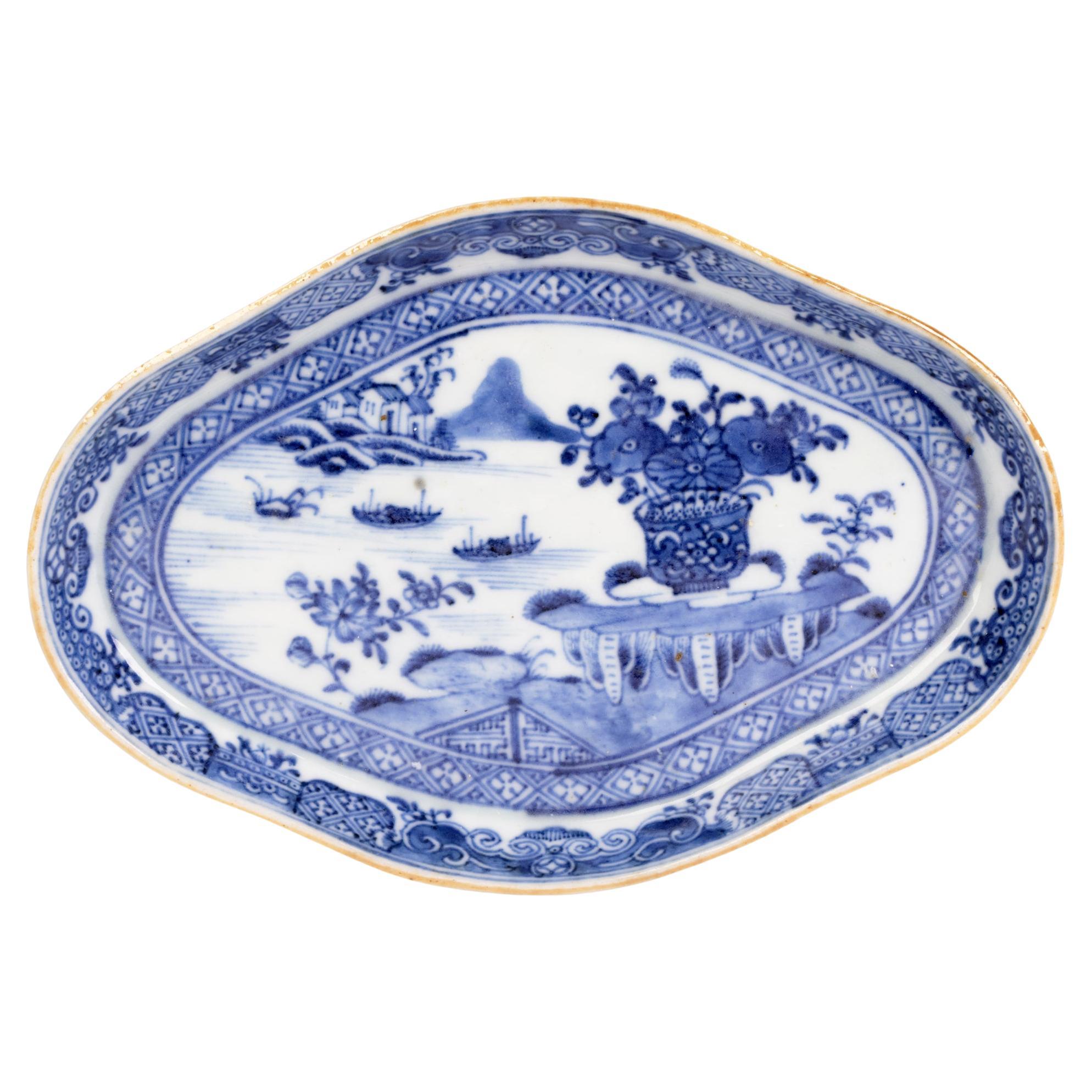 Chinese Qianlong Blue & White Water Landscape Porcelain Serving Dish