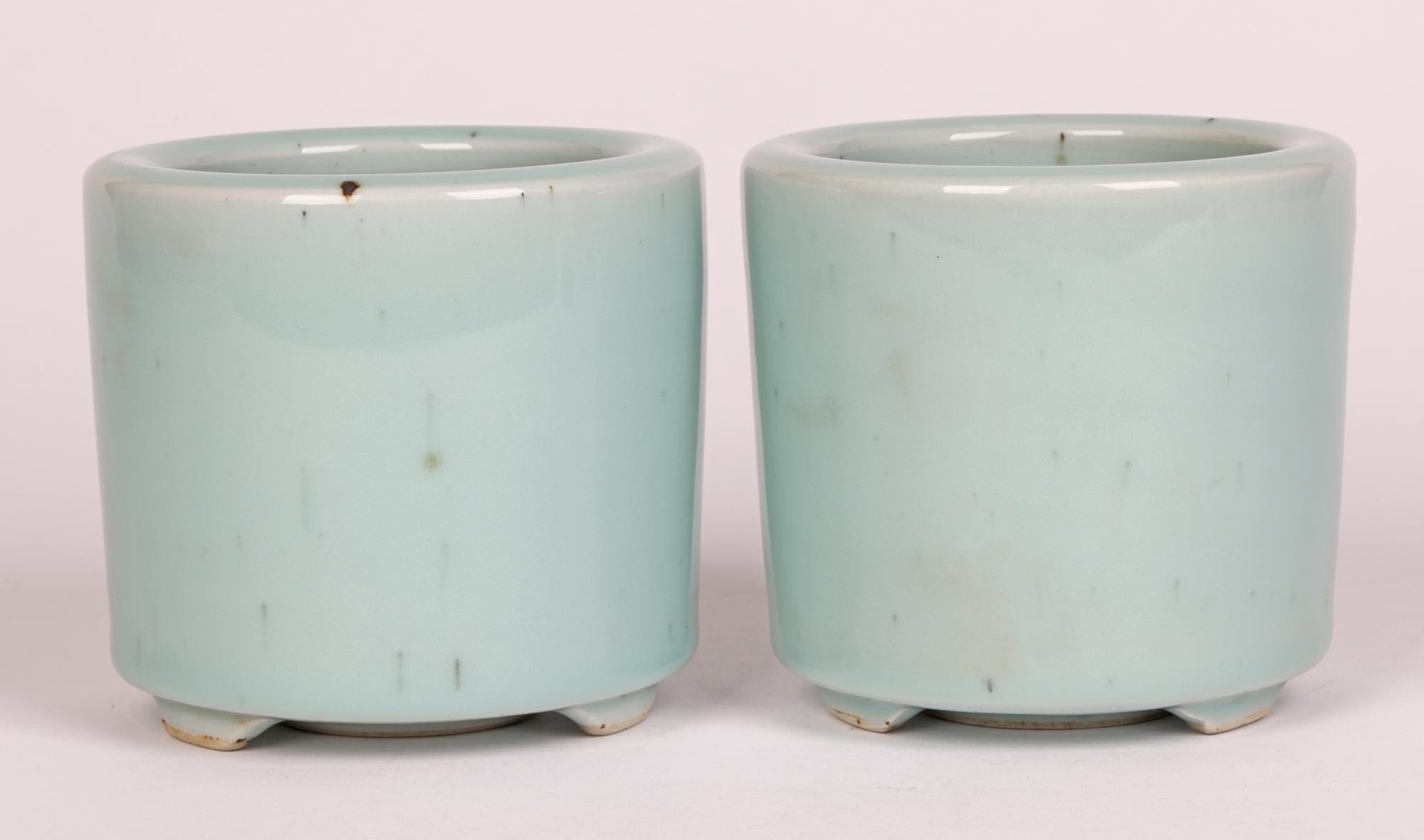 Chinese Qianlong Mark Pair Celadon Glazed Porcelain Brush Pots 6