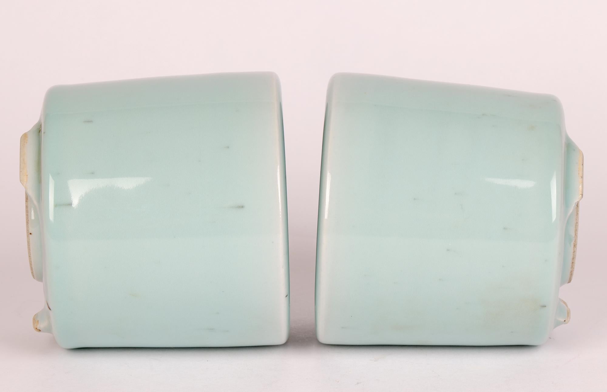 Chinese Qianlong Mark Pair Celadon Glazed Porcelain Brush Pots 7