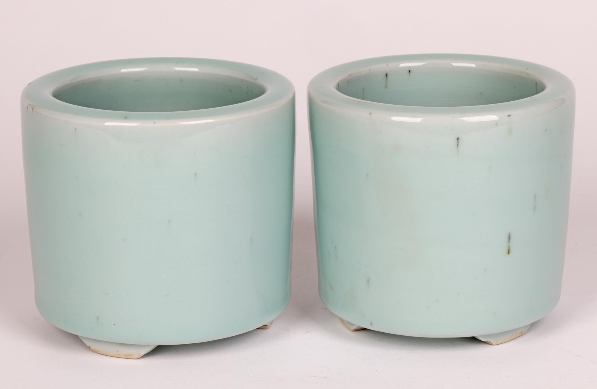 Chinese Qianlong Mark Pair Celadon Glazed Porcelain Brush Pots For Sale 8