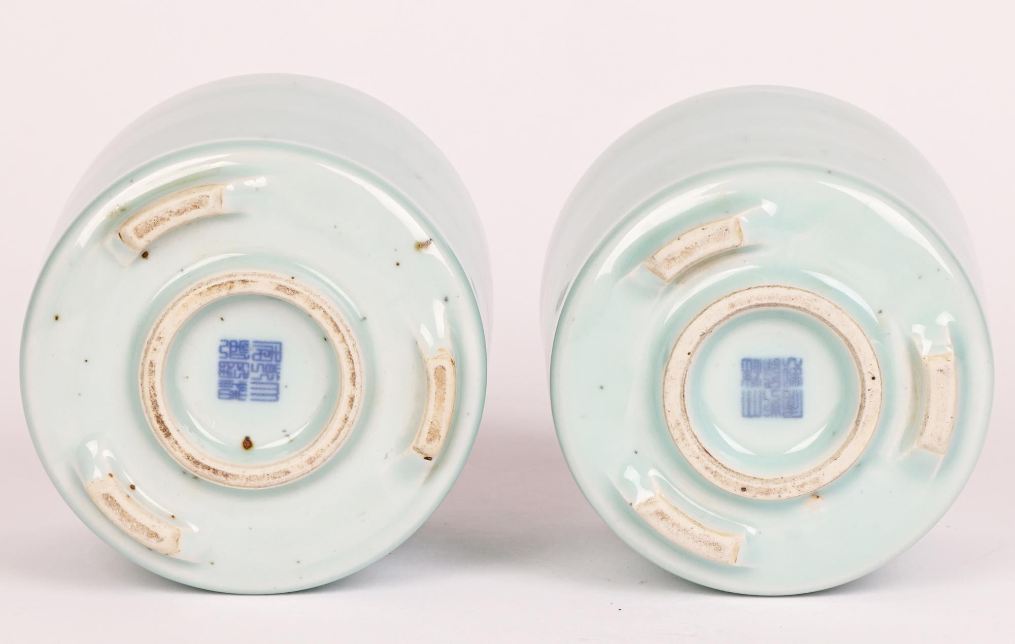 Chinese Qianlong Mark Pair Celadon Glazed Porcelain Brush Pots For Sale 9