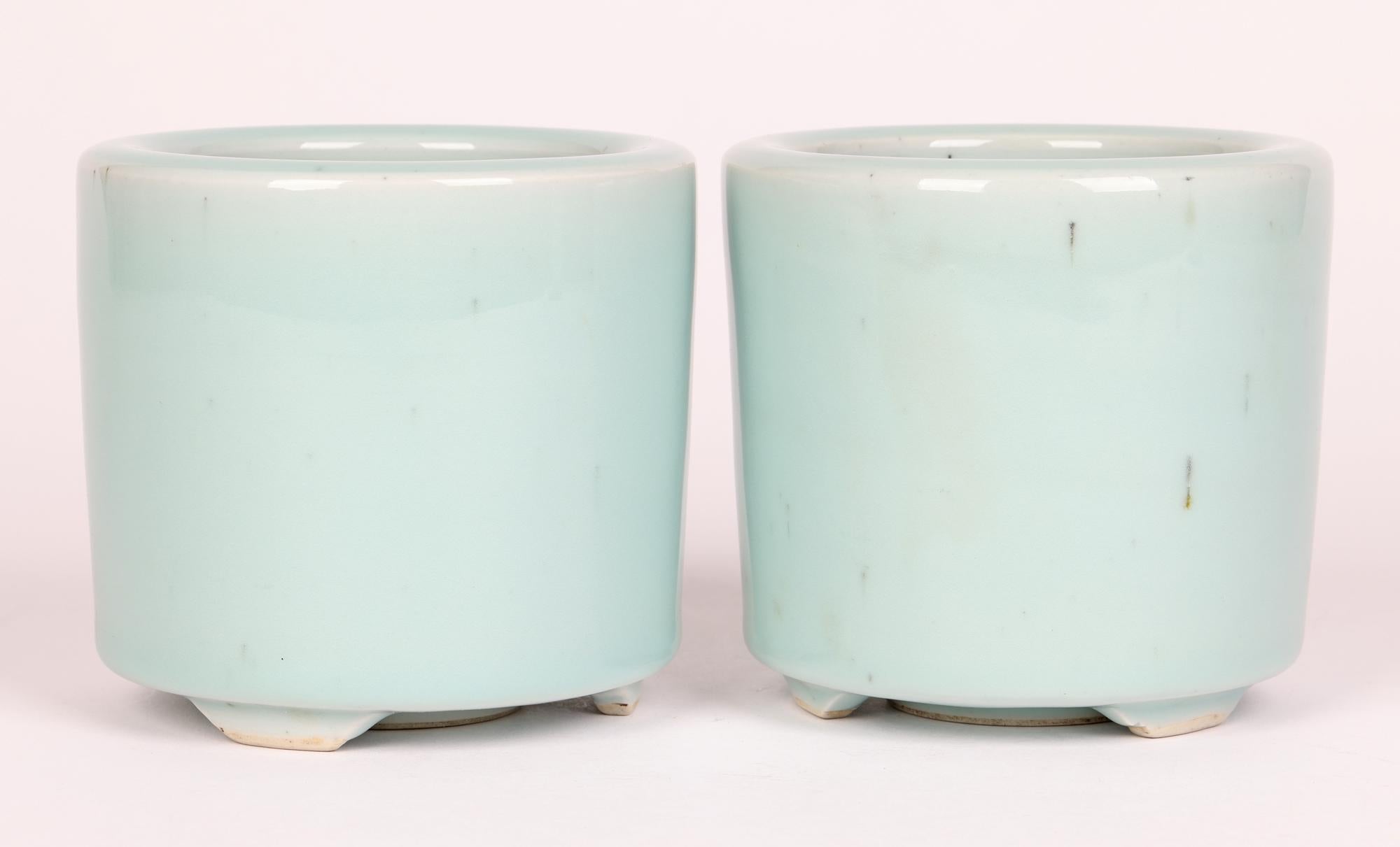 Chinese Qianlong Mark Pair Celadon Glazed Porcelain Brush Pots 11