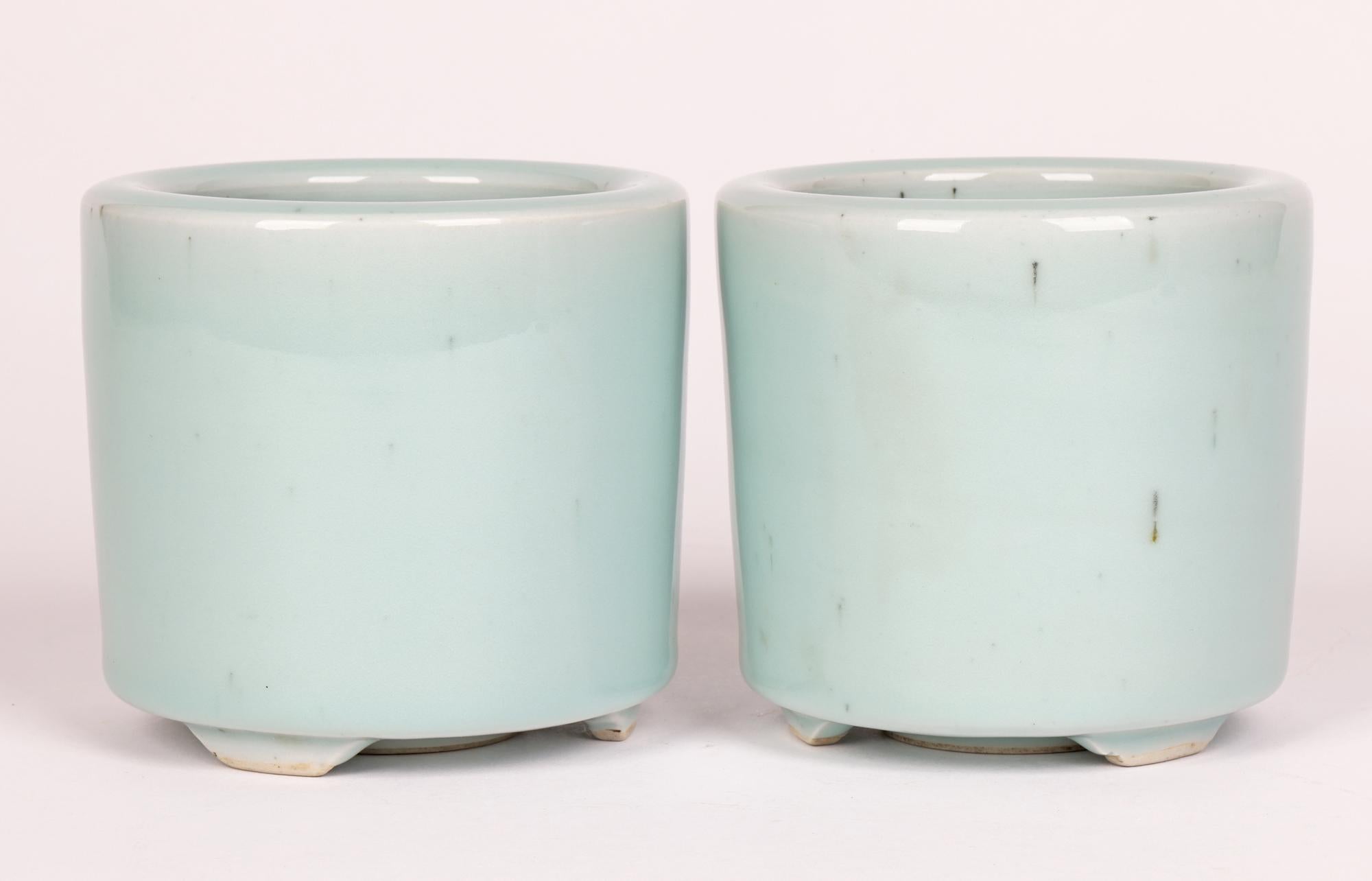 Chinese Qianlong Mark Pair Celadon Glazed Porcelain Brush Pots 13