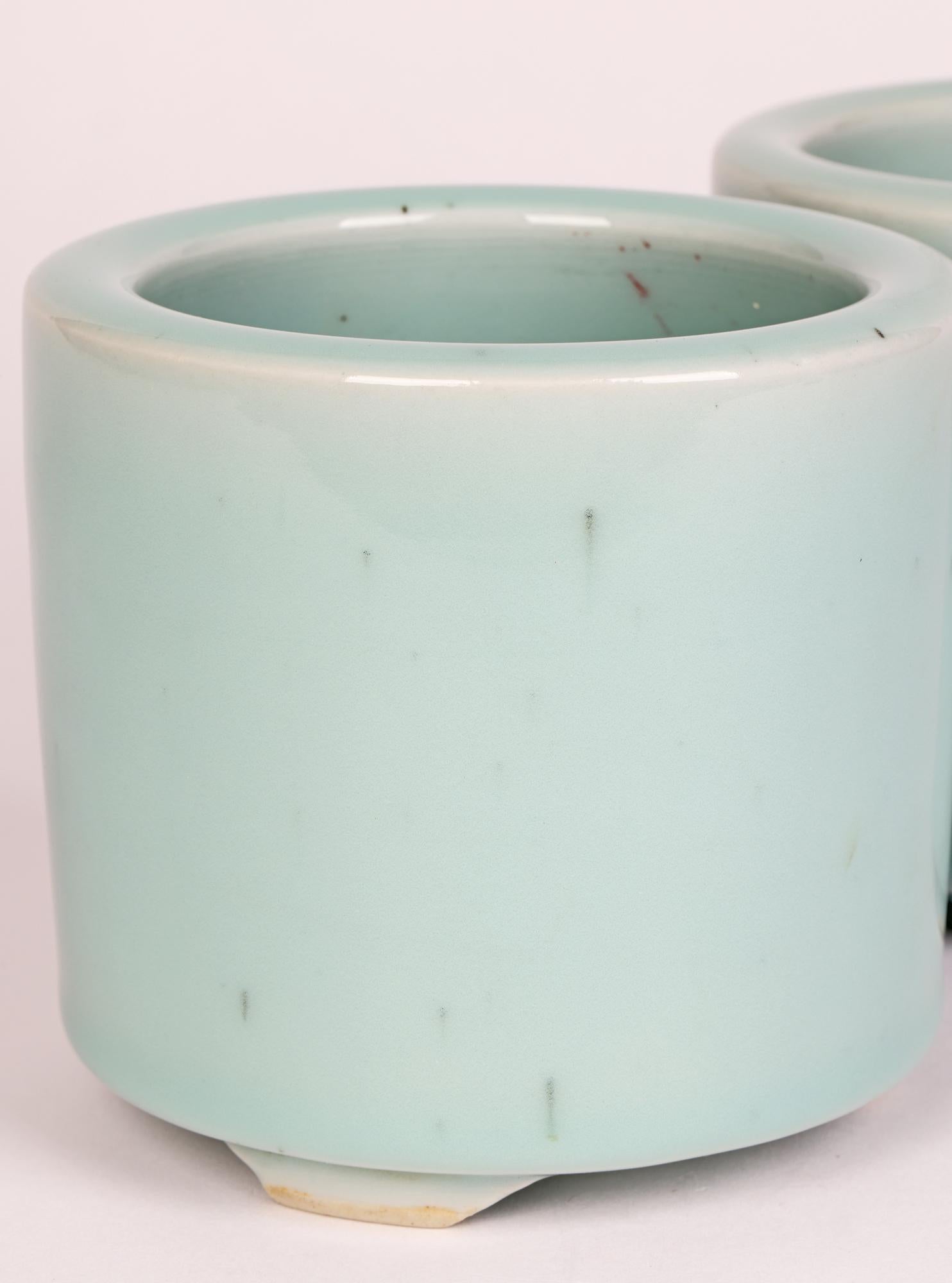 Qing Chinese Qianlong Mark Pair Celadon Glazed Porcelain Brush Pots For Sale