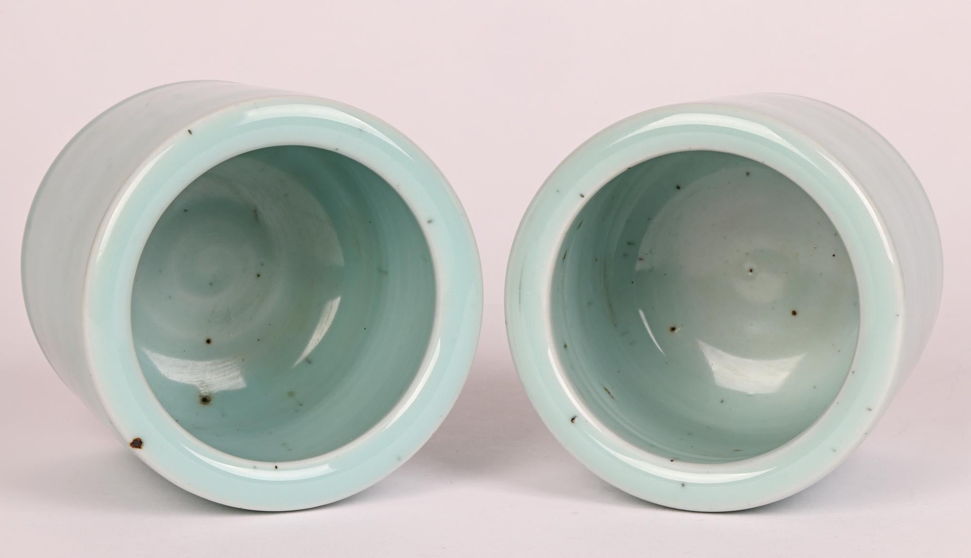 19th Century Chinese Qianlong Mark Pair Celadon Glazed Porcelain Brush Pots For Sale