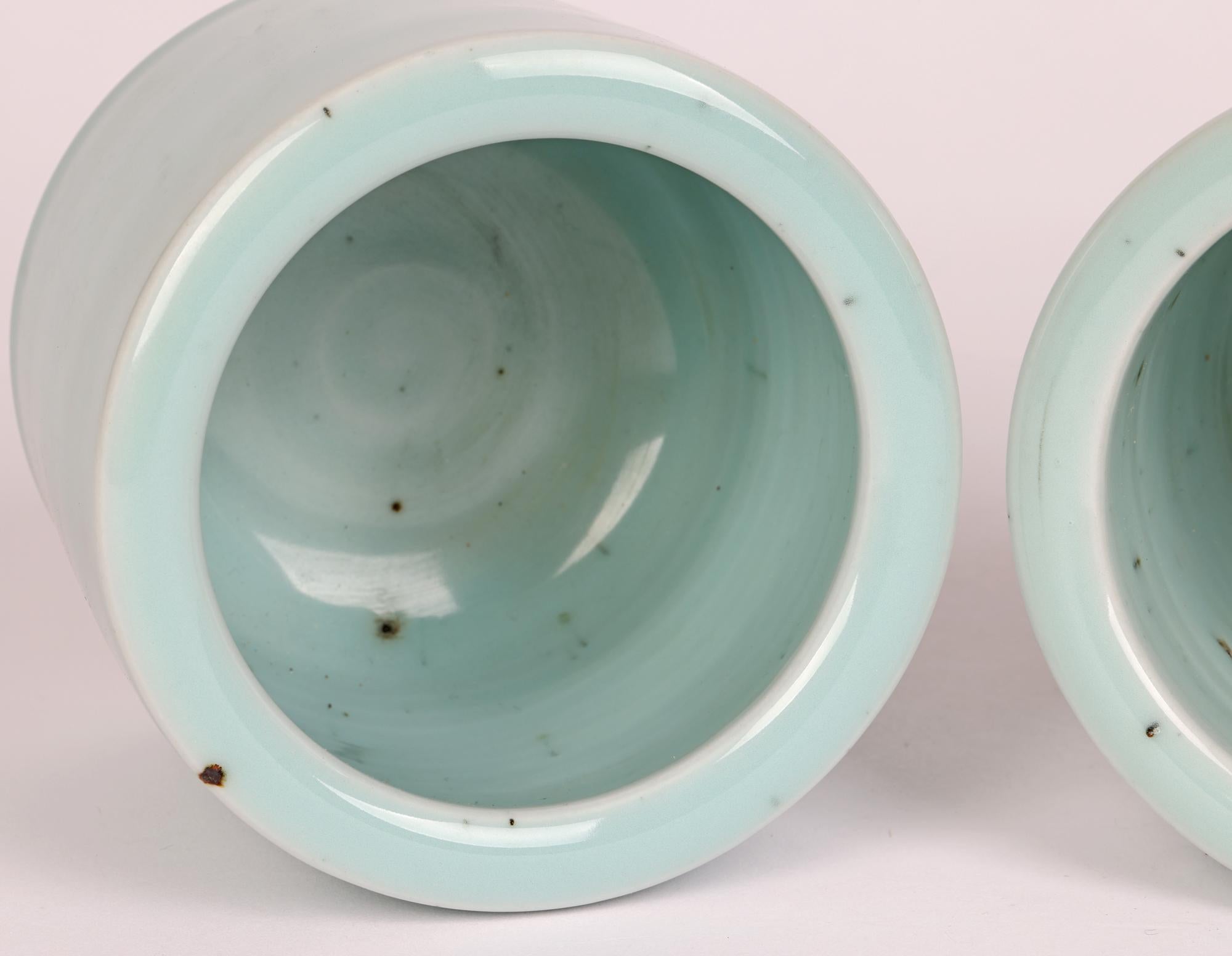 Chinese Qianlong Mark Pair Celadon Glazed Porcelain Brush Pots 2