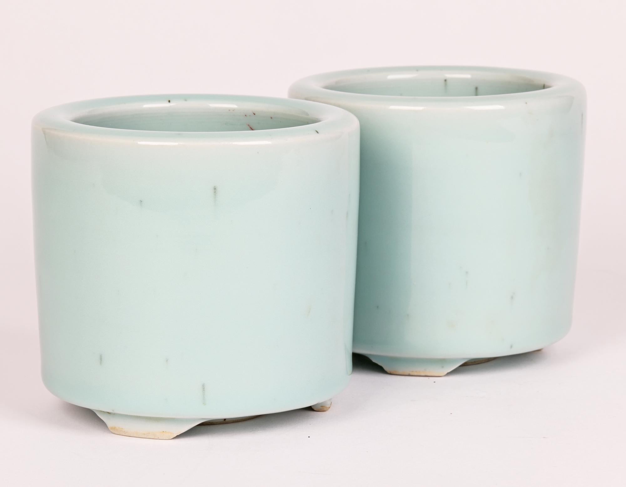 Chinese Qianlong Mark Pair Celadon Glazed Porcelain Brush Pots 3