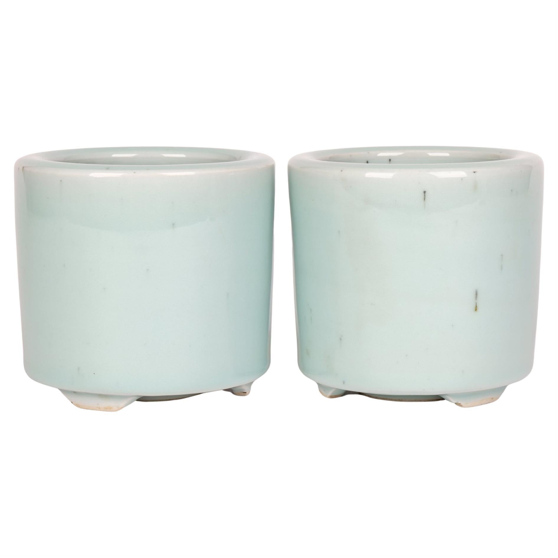 Chinese Qianlong Mark Pair Celadon Glazed Porcelain Brush Pots