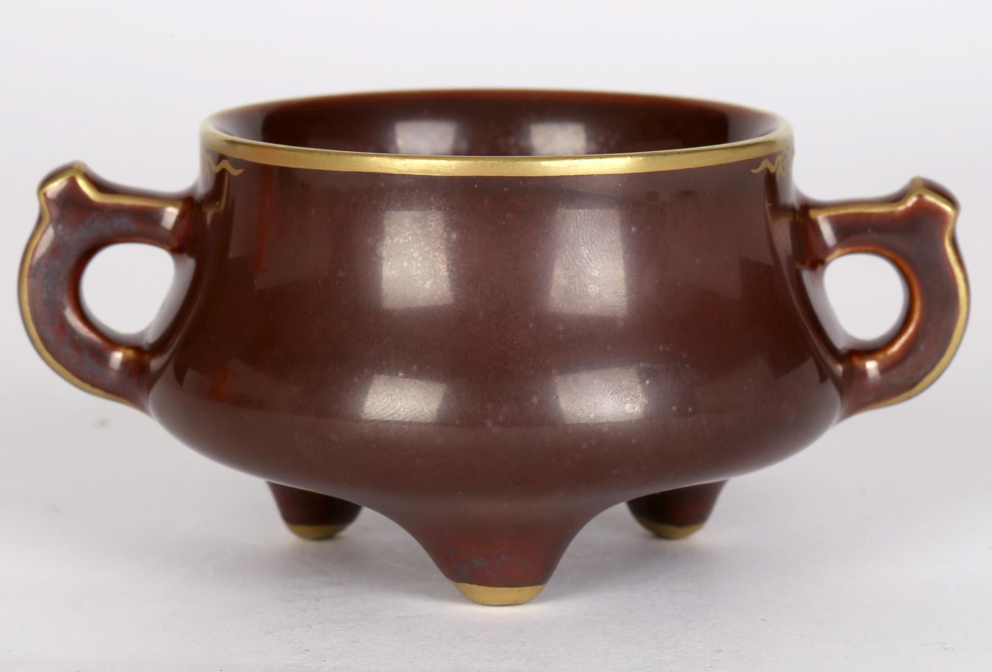 Chinese Qianlong Mark Twin Handled Bronze Glazed Porcelain Censer For Sale 3