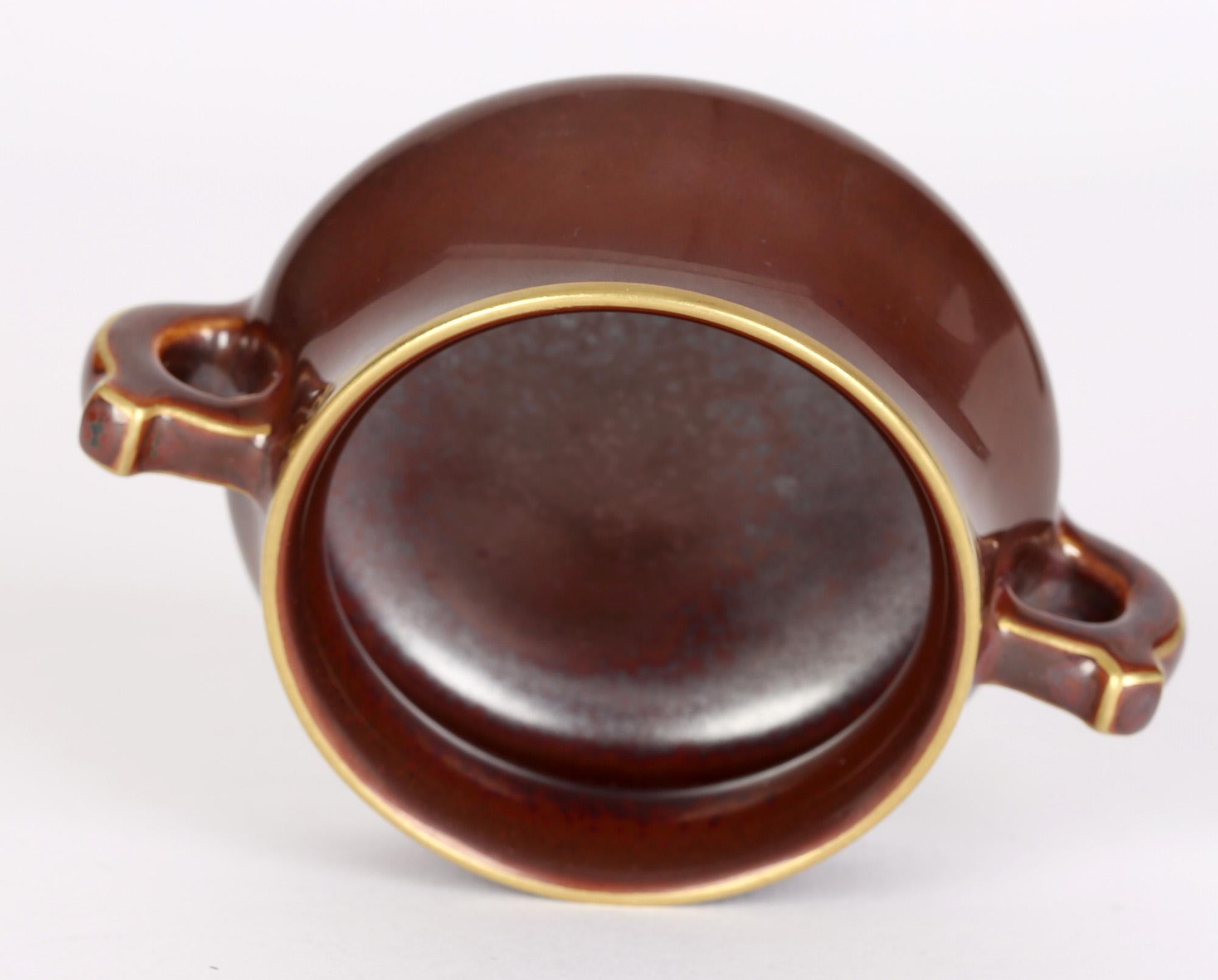 Chinese Qianlong Mark Twin Handled Bronze Glazed Porcelain Censer For Sale 4
