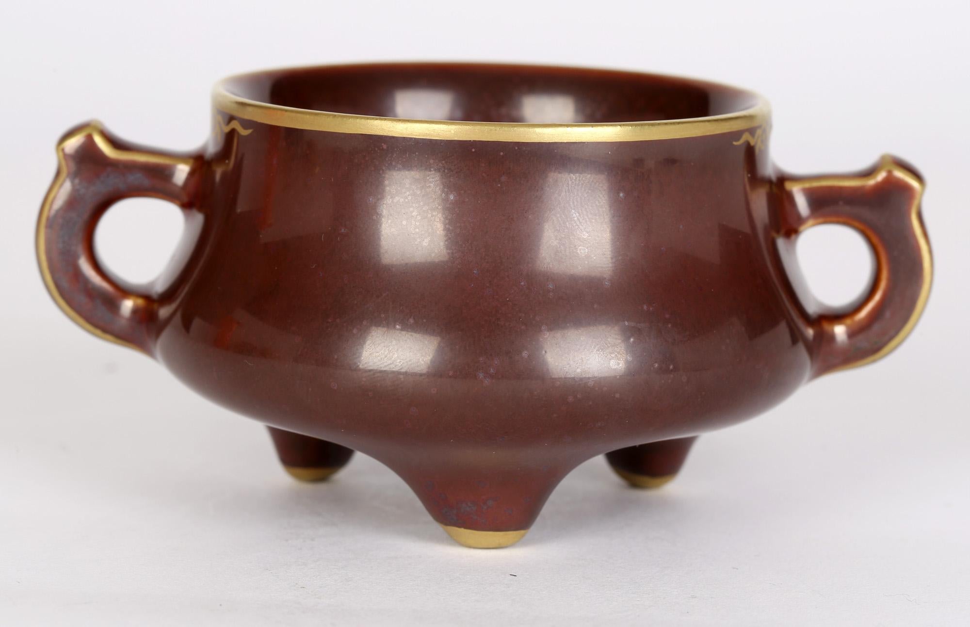 Gilt Chinese Qianlong Mark Twin Handled Bronze Glazed Porcelain Censer For Sale