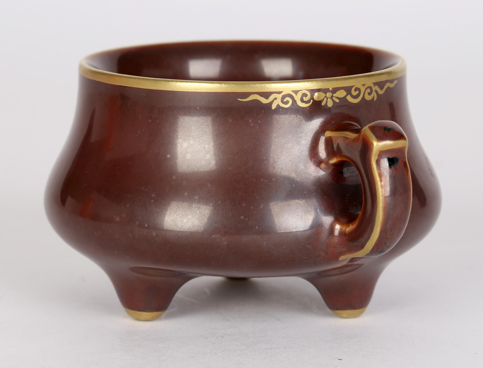 Chinese Qianlong Mark Twin Handled Bronze Glazed Porcelain Censer For Sale 1