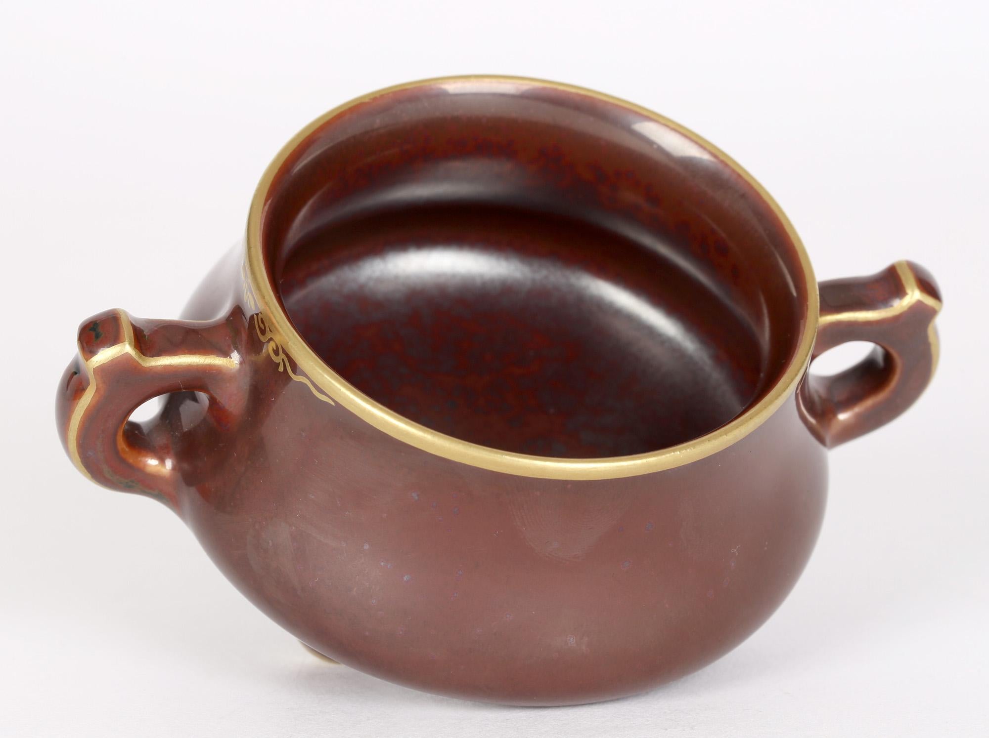 Chinese Qianlong Mark Twin Handled Bronze Glazed Porcelain Censer For Sale 2
