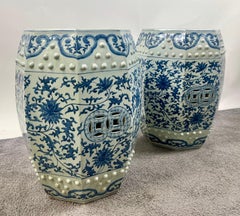 Chinese Qianlong Style Porcelain Octagonal Garden Blue & White Stool, a Pair
