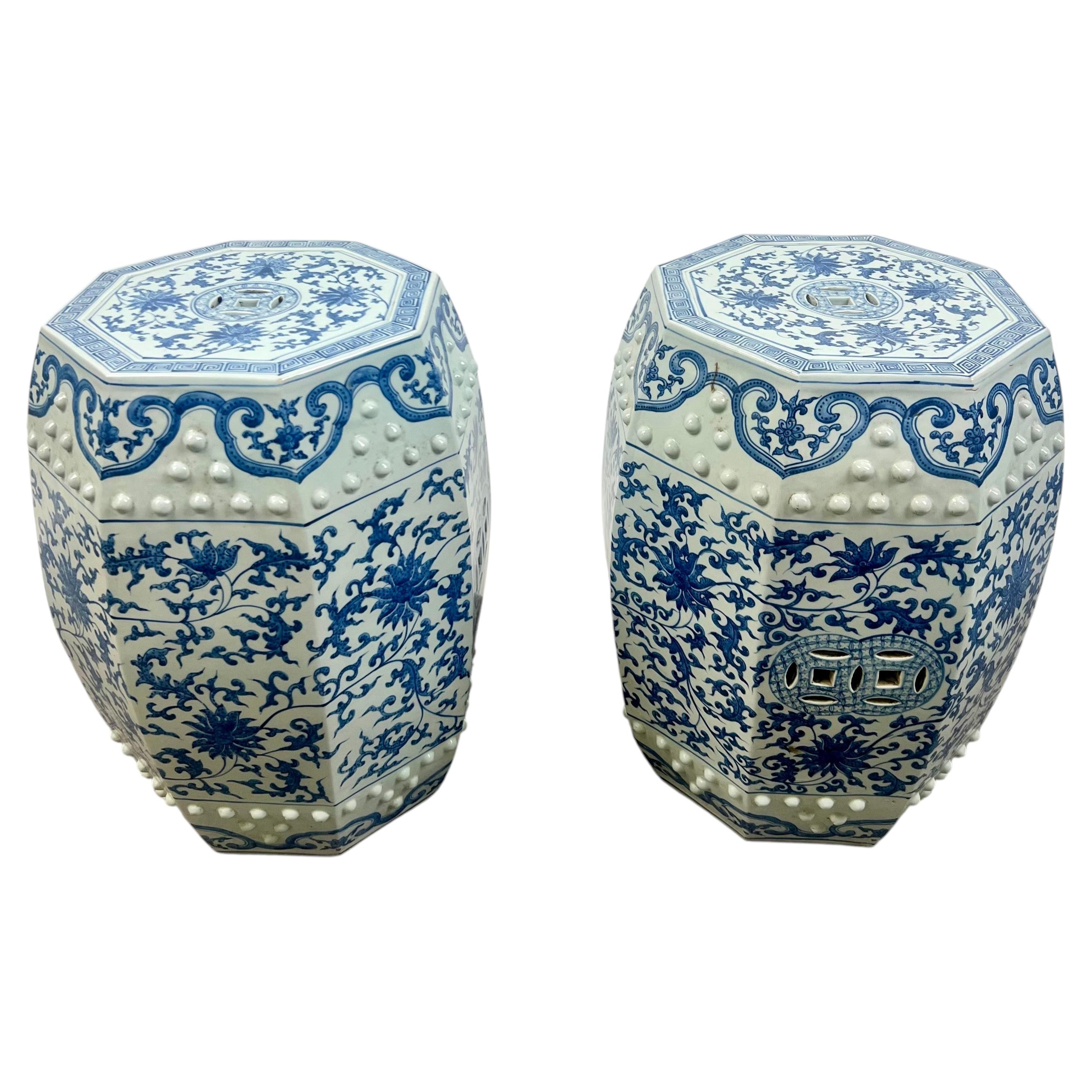 Chinese Qianlong Style Porcelain Octagonal Garden Blue & White Stool, a Pair