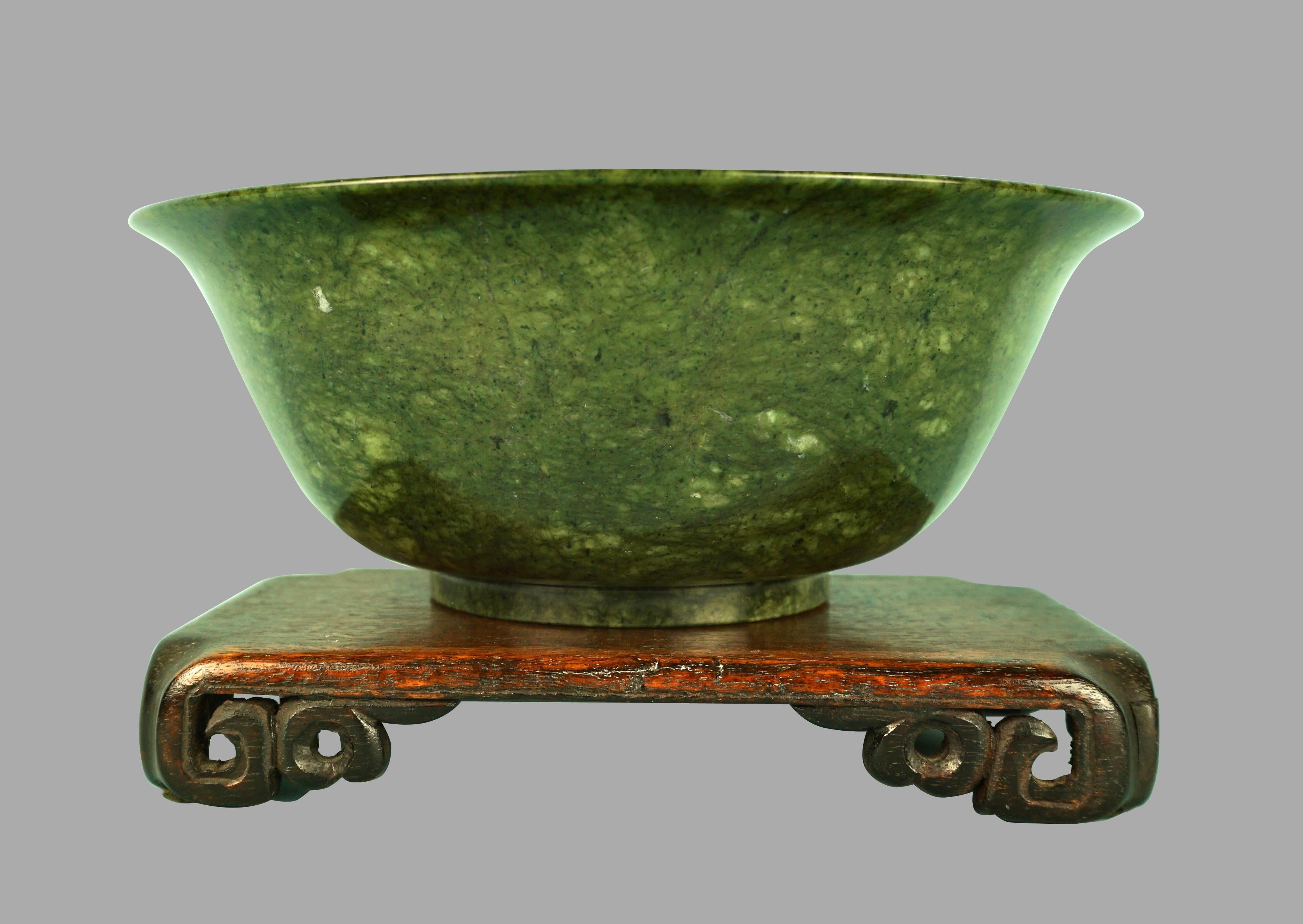 20th Century Chinese Qianlong Style Spinach Green Jade Footed Bowl