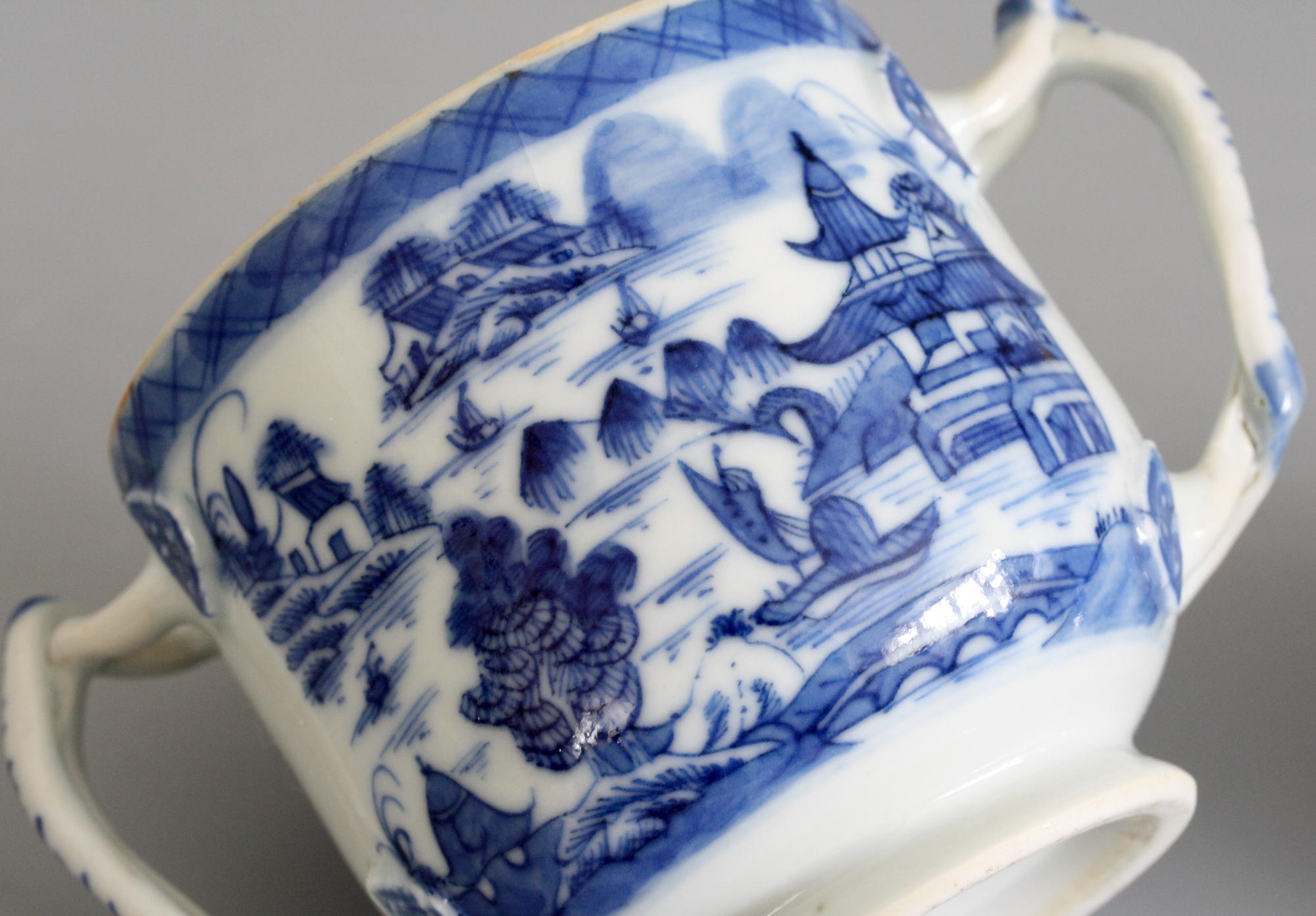 Hand-Painted Chinese Qianlong Style Twin Handled Blue and White Lidded Cup