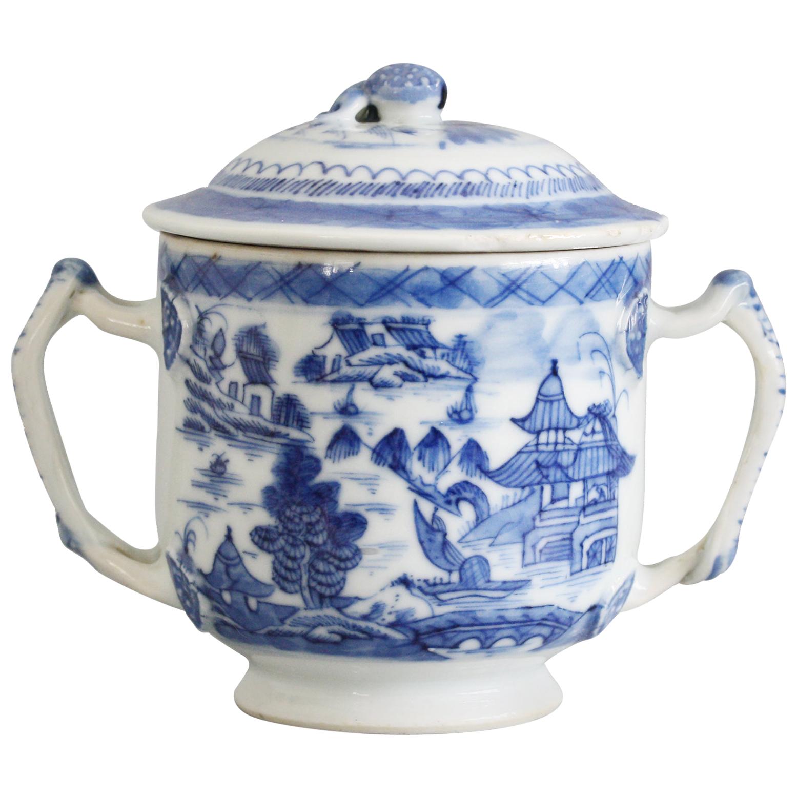 Chinese Qianlong Style Twin Handled Blue and White Lidded Cup