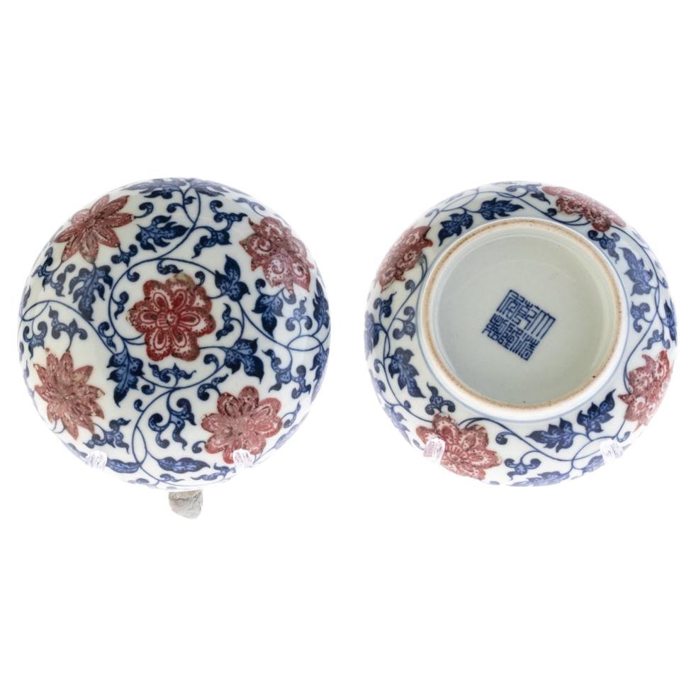 Chinese Qianlong Underglaze Iron Red & Blue Porcelain Lotus Box with Seal Mark