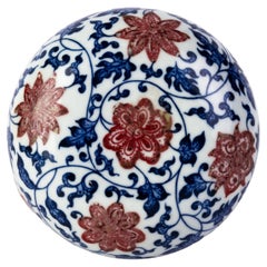 Chinese Qianlong Underglaze Iron Red & Blue Porcelain Lotus Box with Seal Mark