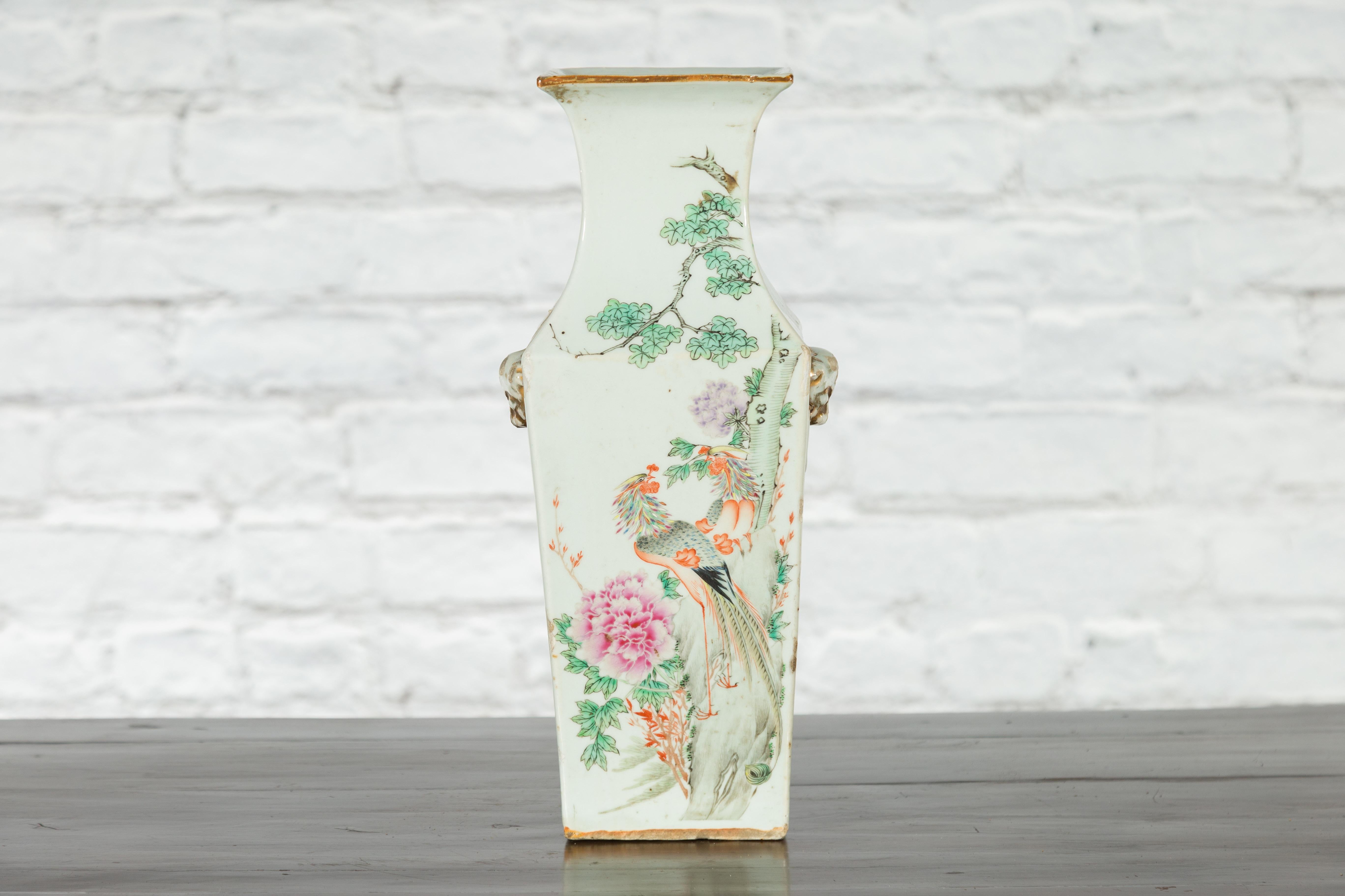 Ceramic Chinese Qing 19th Century Altar Vase with Hand-Painted Flowers and Birds For Sale
