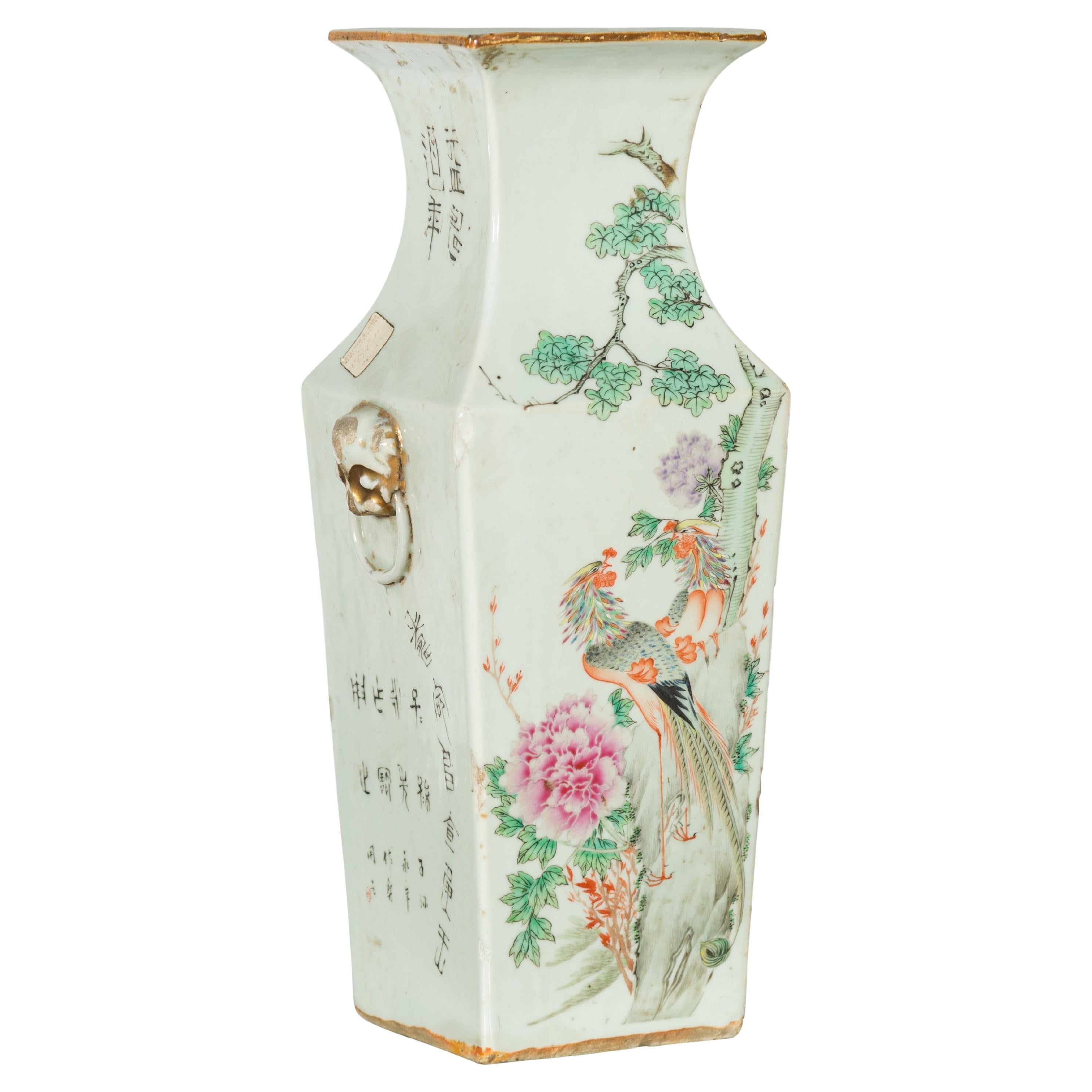 Chinese Qing 19th Century Altar Vase with Hand-Painted Flowers and Birds For Sale